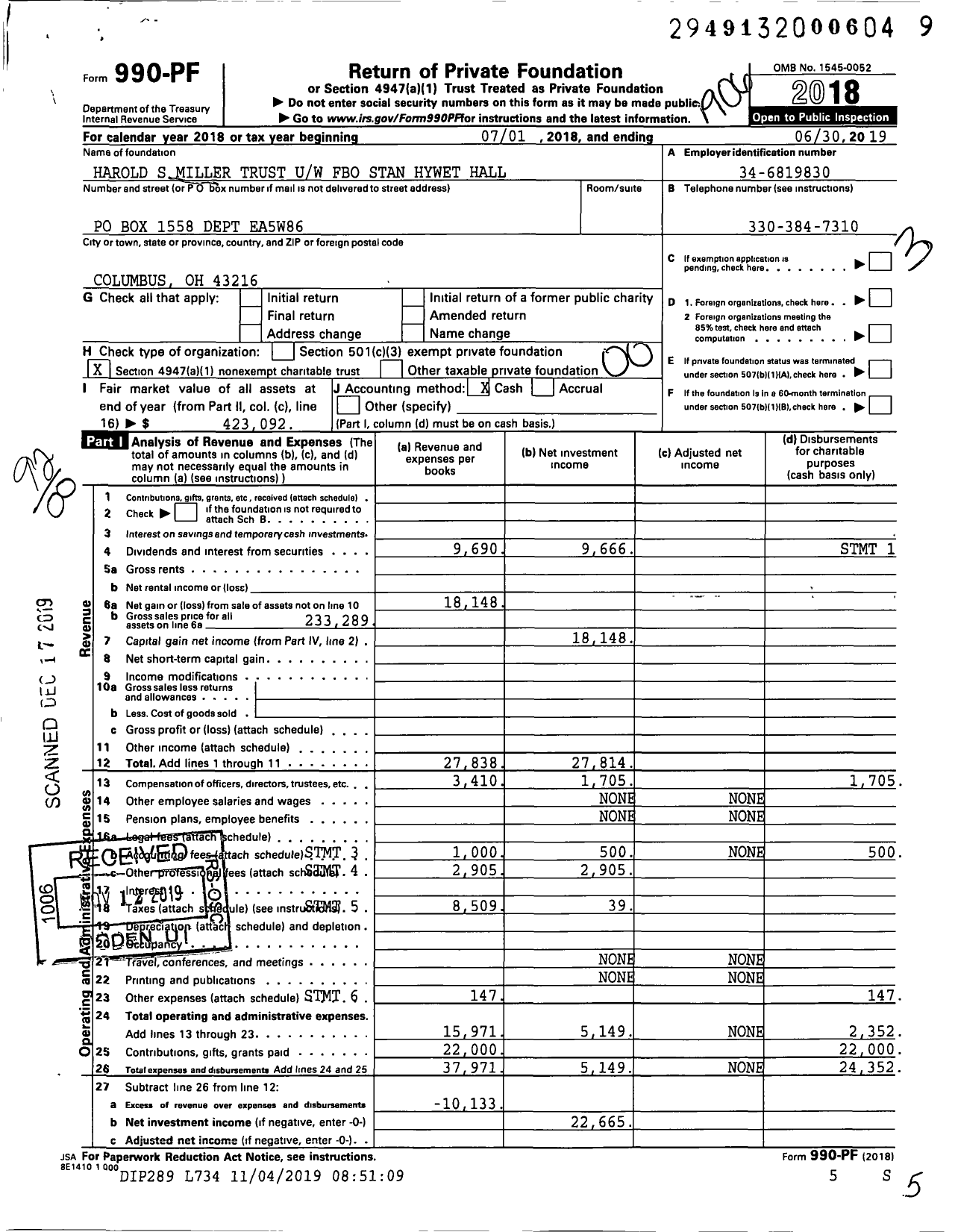 Image of first page of 2018 Form 990PF for Harold S Miller Trust Uw Fbo Stan Hywet Hall