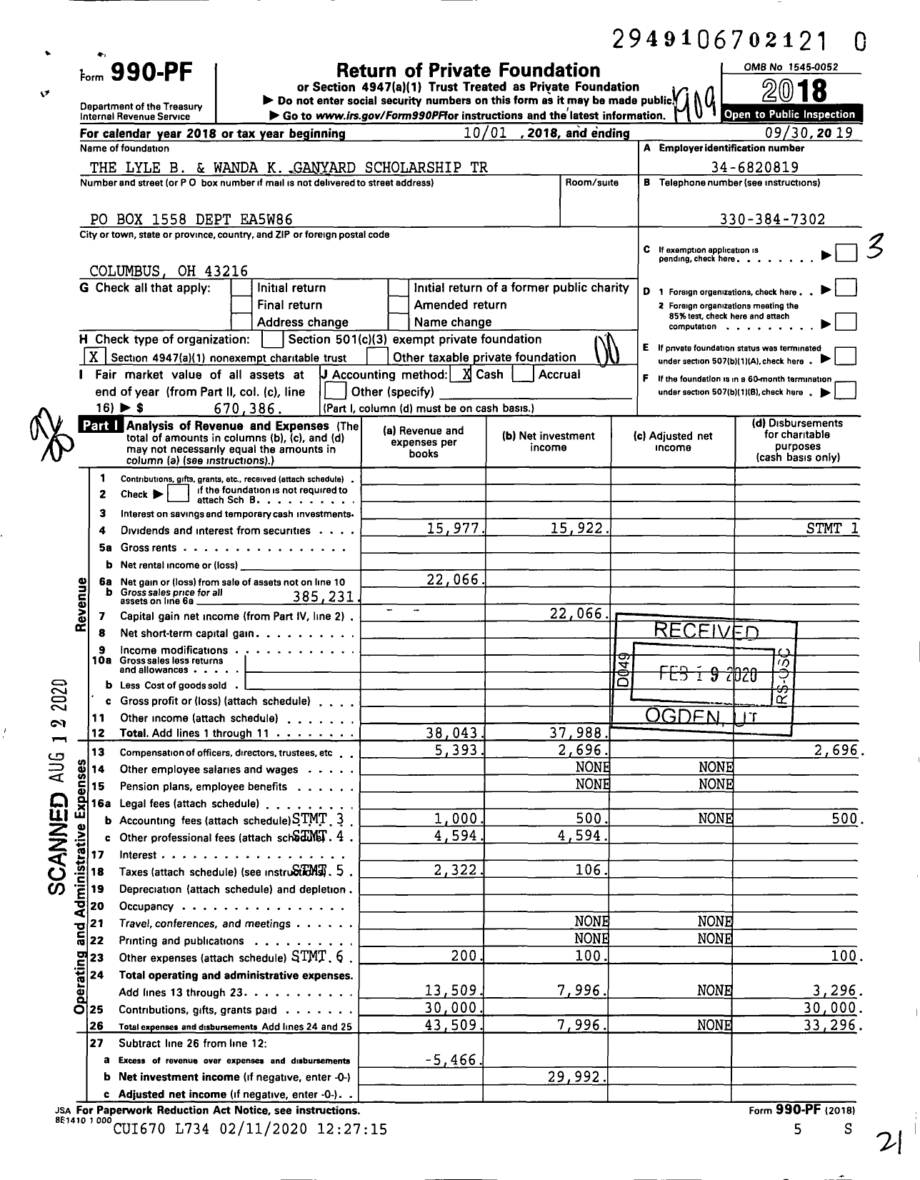 Image of first page of 2018 Form 990PR for The Lyle B and Wanda K Ganyard Scholarship Trust