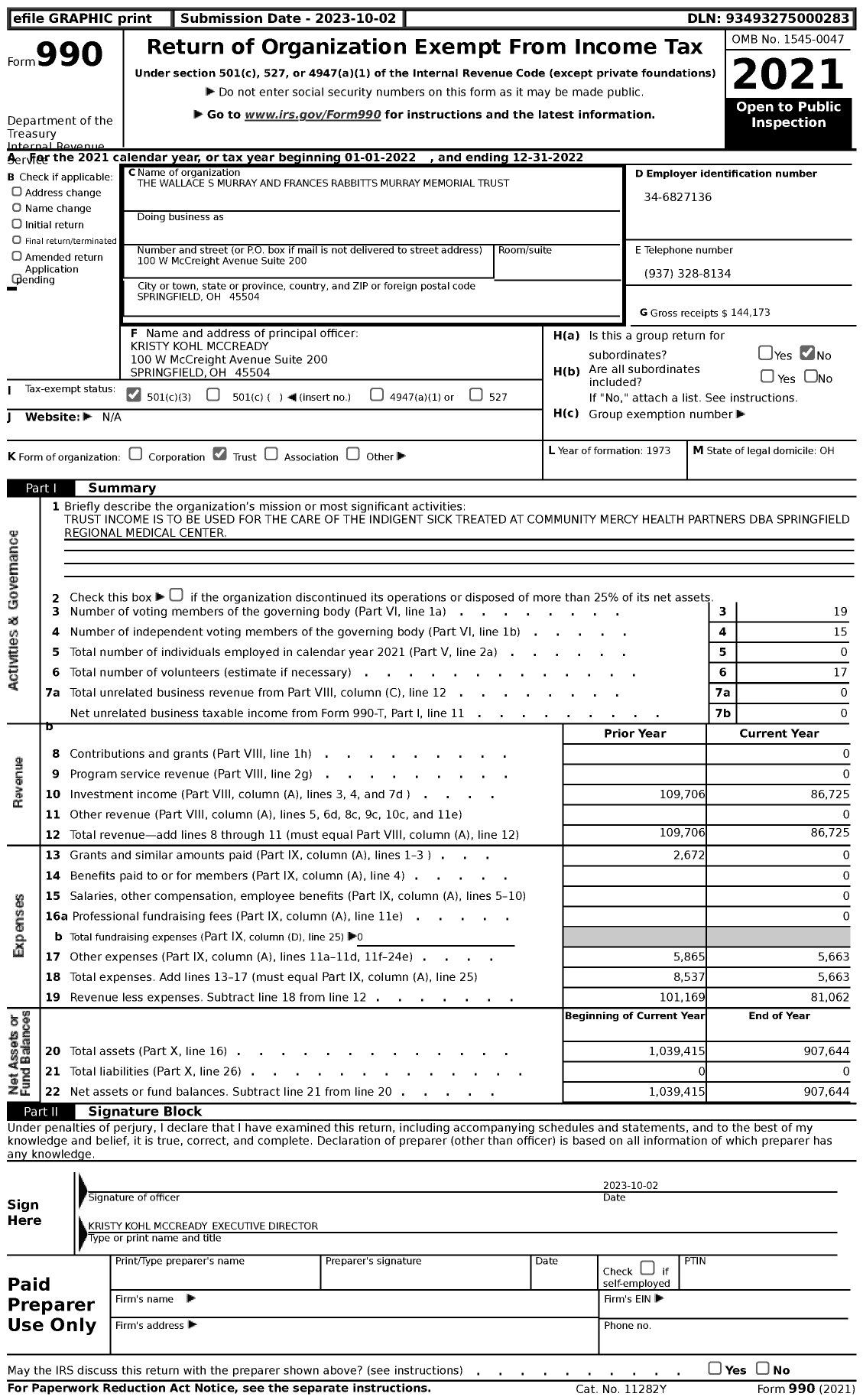 Image of first page of 2022 Form 990 for The Wallace S Murray and Frances Rabbitts Murray Memorial Trust