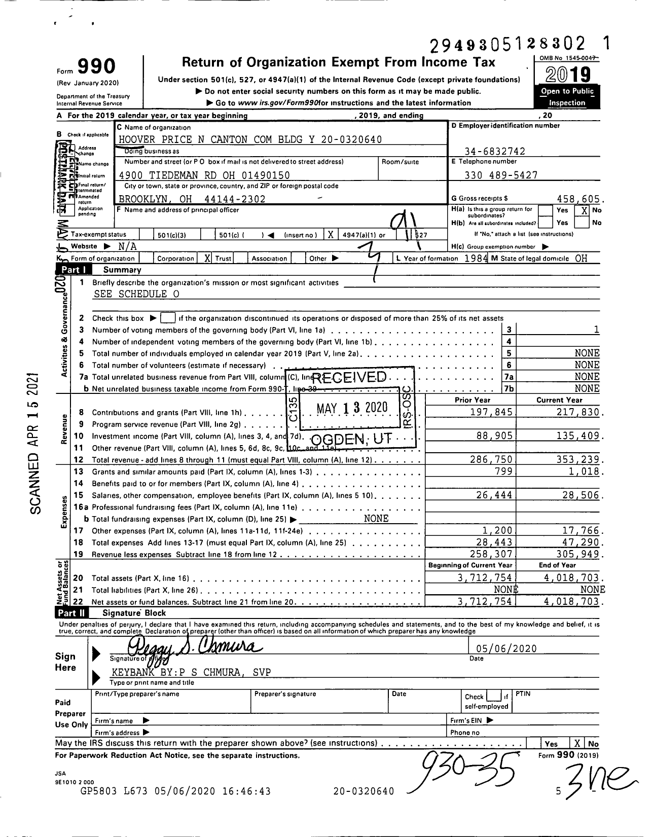 Image of first page of 2019 Form 990O for Hoover Price N Canton Com Bldg Y