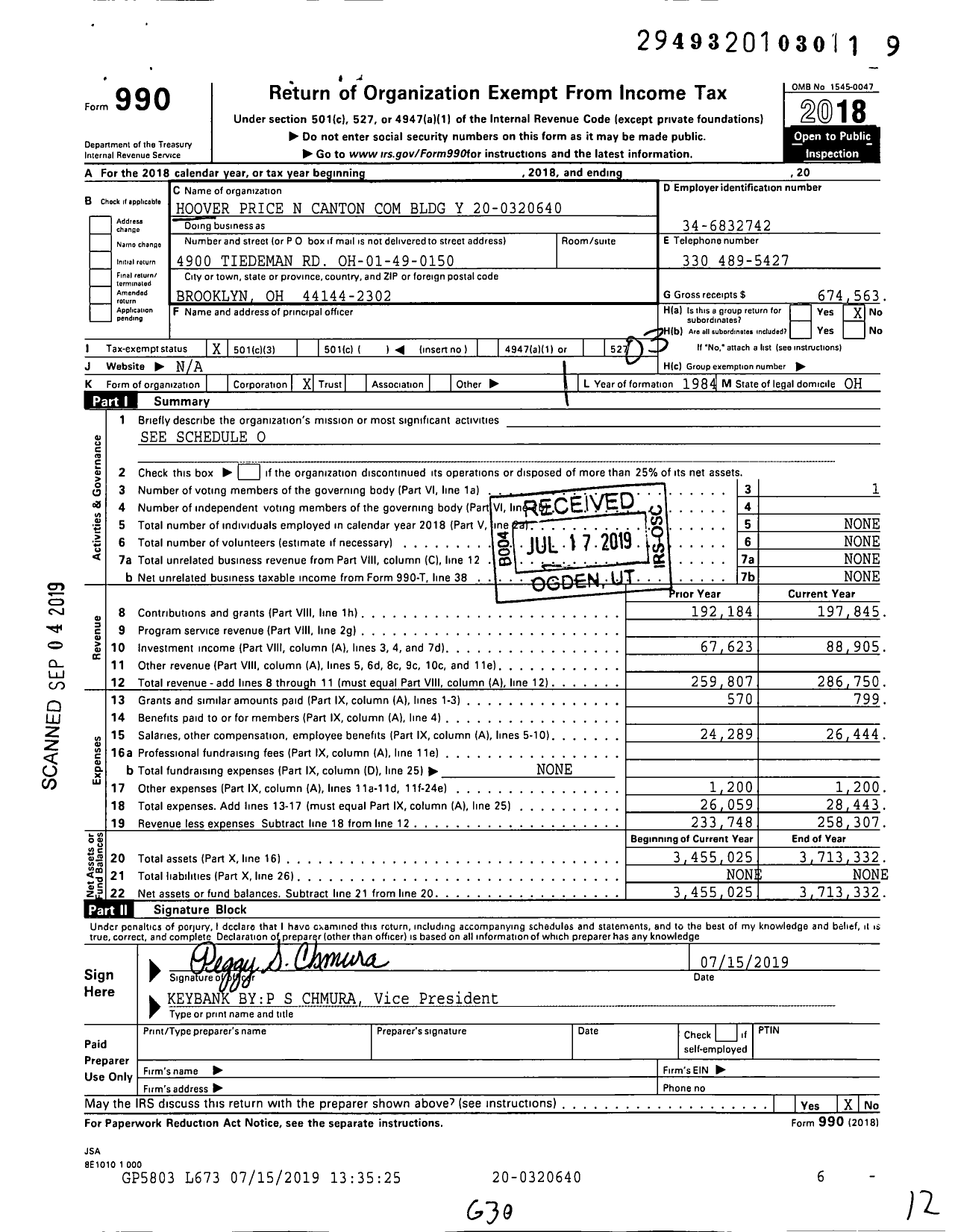 Image of first page of 2018 Form 990 for Hoover Price N Canton Com Bldg Y