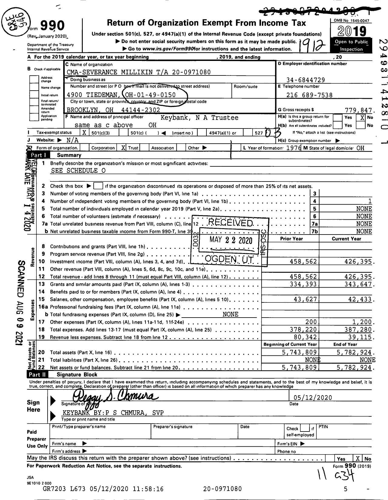 Image of first page of 2019 Form 990 for Cma-Severance Millikin Ta