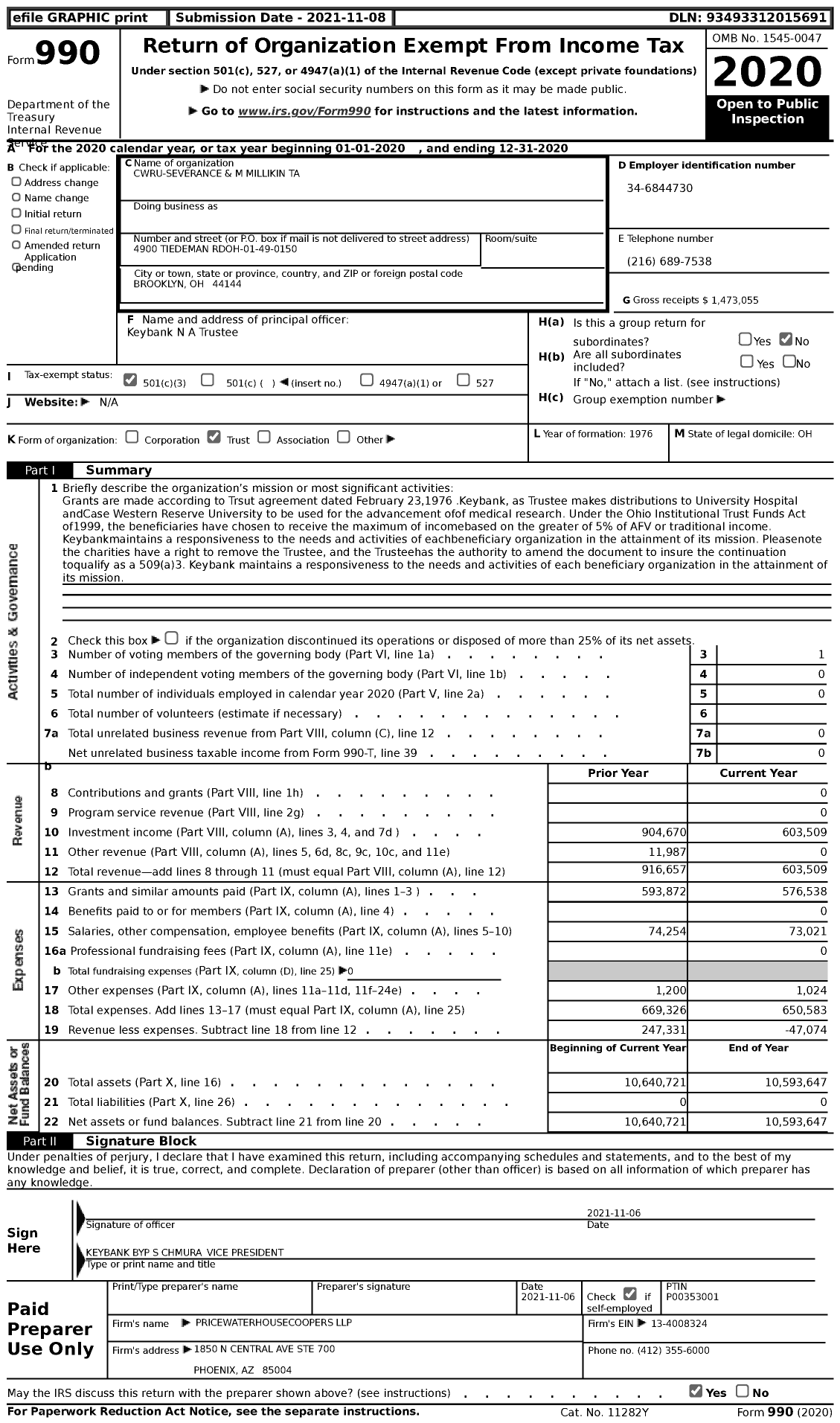 Image of first page of 2020 Form 990 for CWRU-Severance and M Millikin Ta