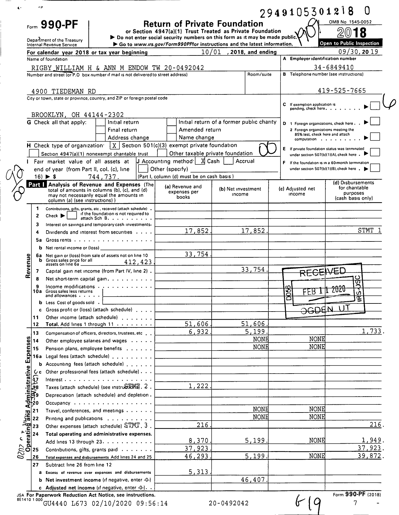 Image of first page of 2018 Form 990PR for Rigby William H and Ann M Endow TW