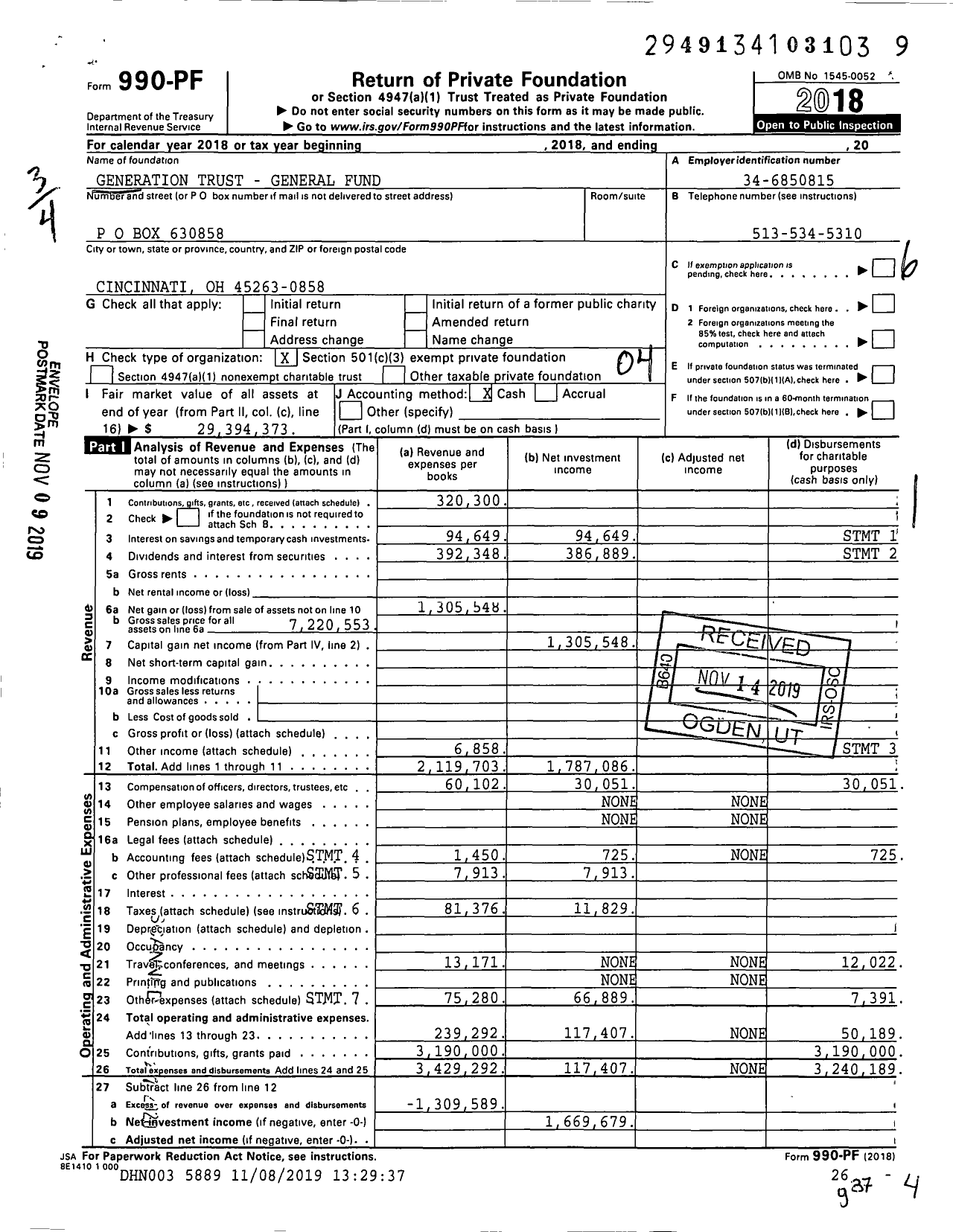 Image of first page of 2018 Form 990PF for The Generation Trust