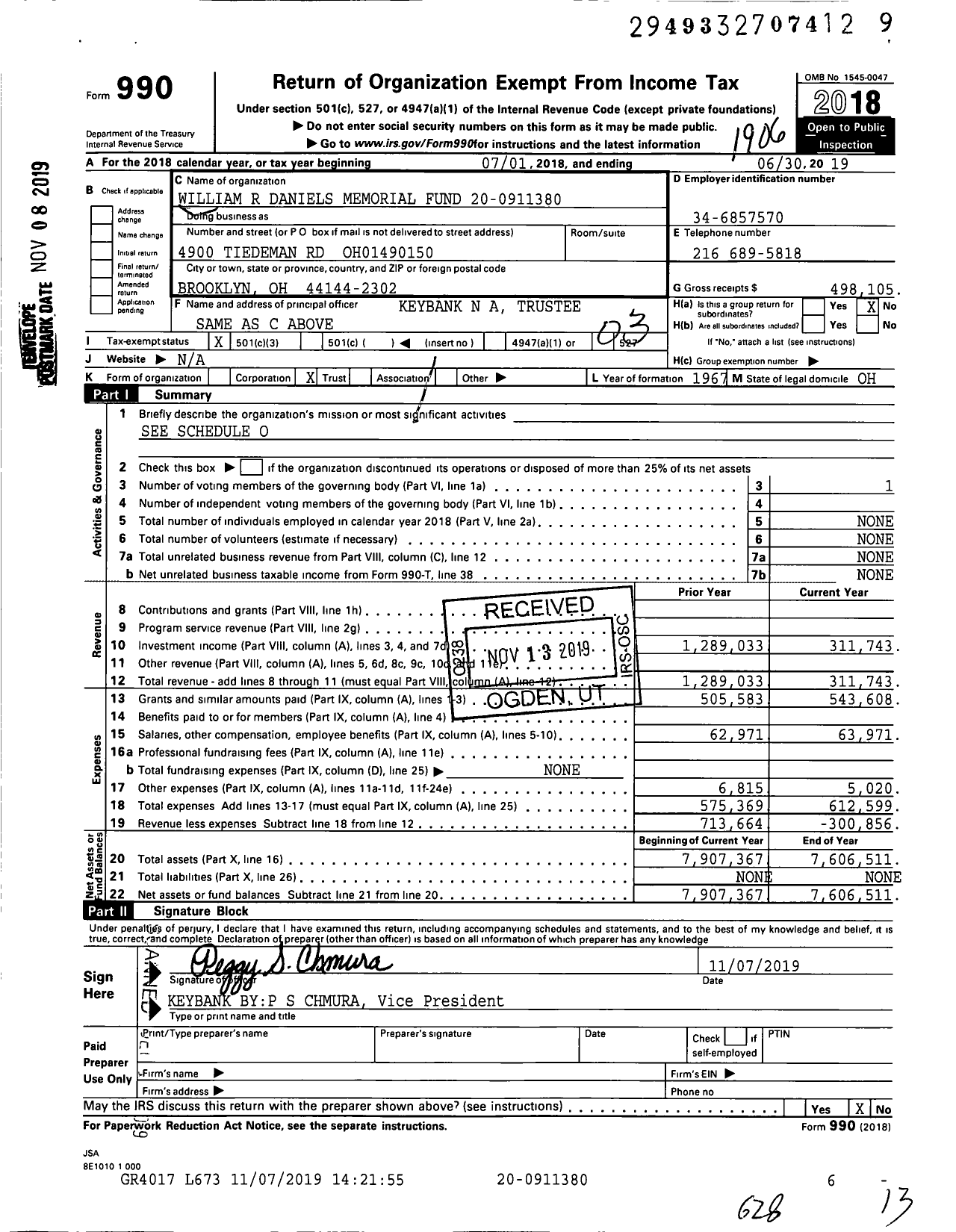 Image of first page of 2018 Form 990 for William R Daniels Memorial Fund