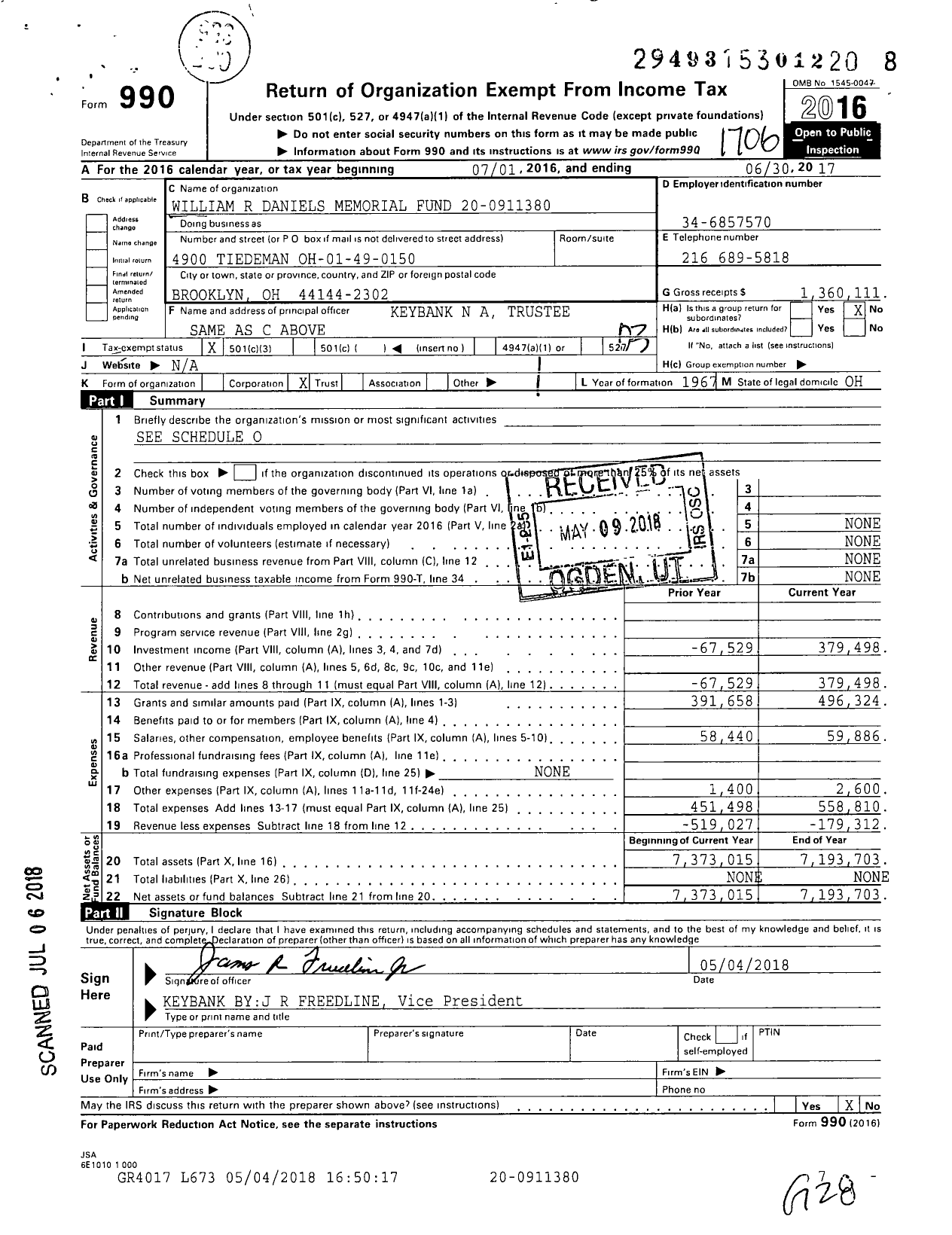 Image of first page of 2016 Form 990 for William R Daniels Memorial Fund