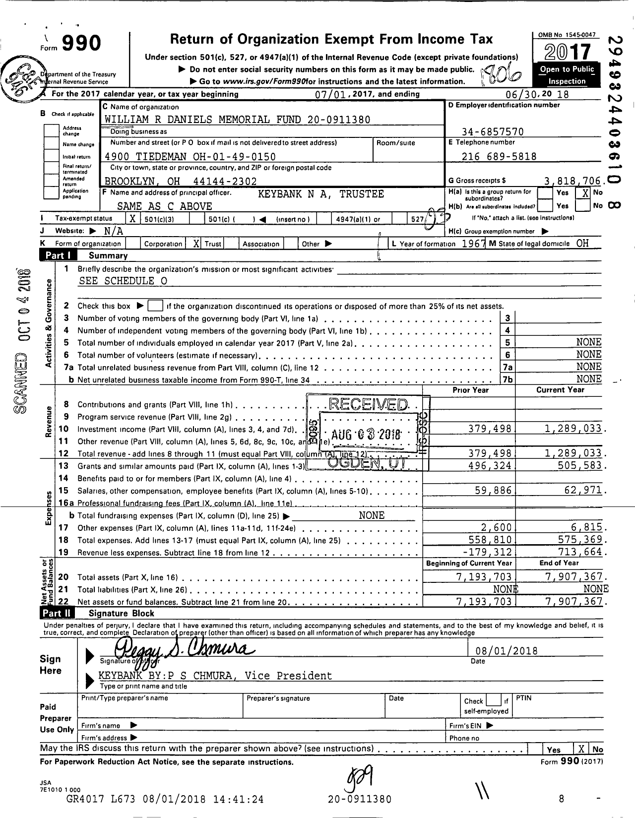 Image of first page of 2017 Form 990 for William R Daniels Memorial Fund