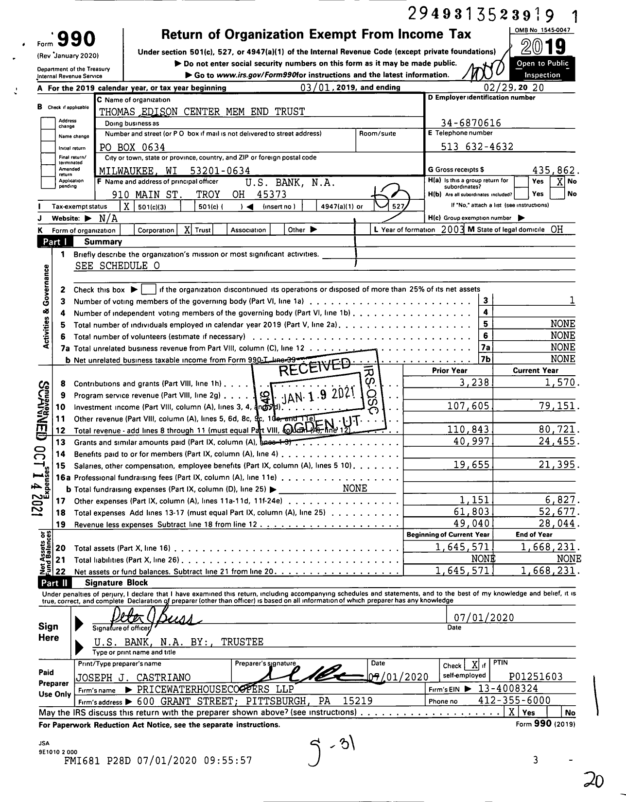 Image of first page of 2019 Form 990 for Thomas Edison Center Mem End Trust