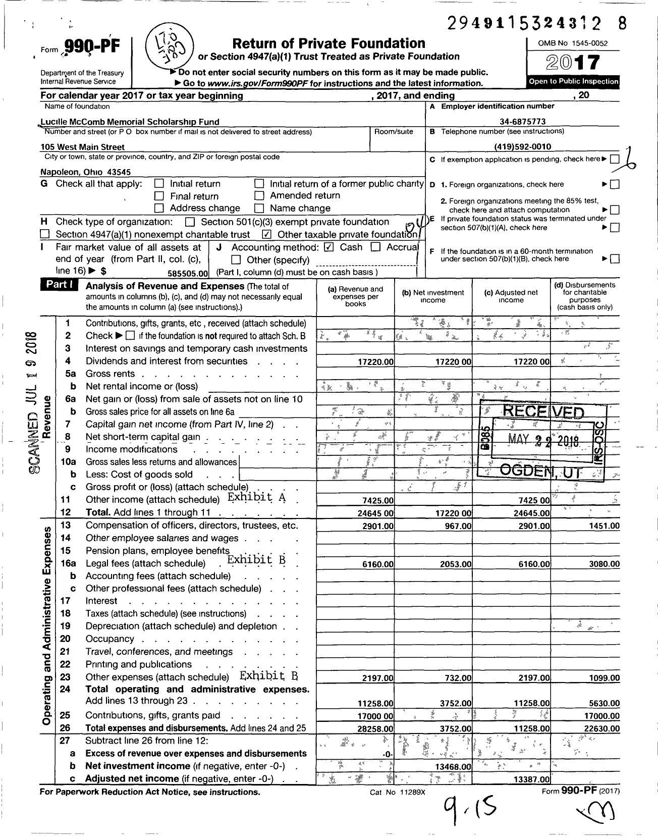 Image of first page of 2017 Form 990PF for Lucille Mccomb Memorial Scholarship Fund