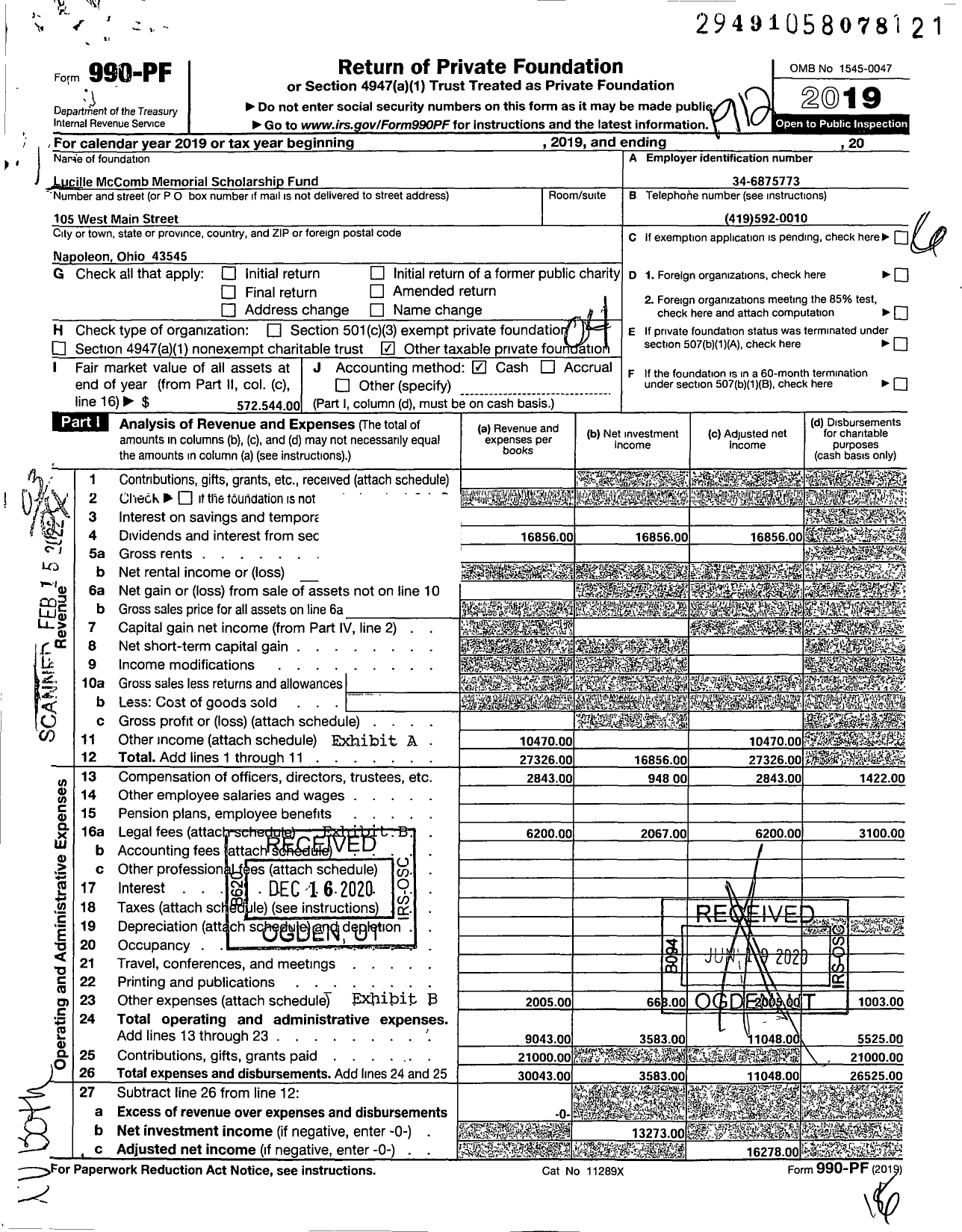 Image of first page of 2019 Form 990PF for Lucille Mccomb Memorial Scholarship Fund