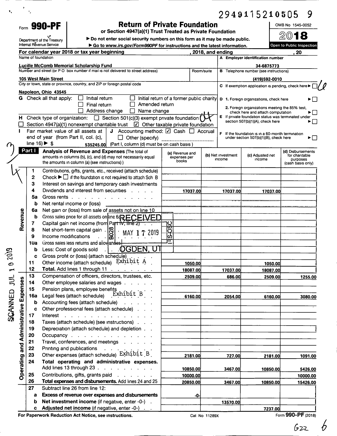 Image of first page of 2018 Form 990PF for Lucille Mccomb Memorial Scholarship Fund