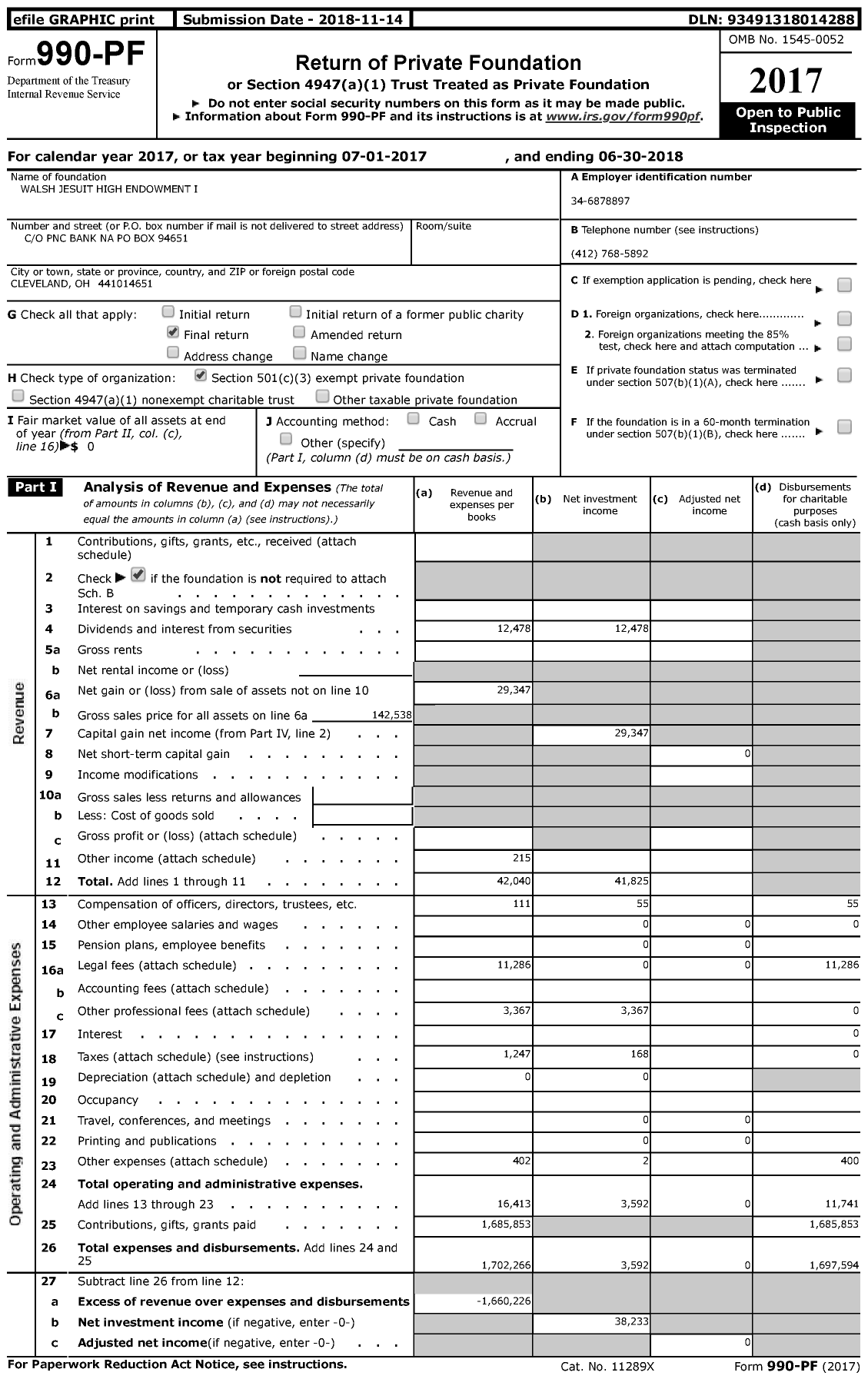 Image of first page of 2017 Form 990PF for Walsh Jesuit High Endowment I