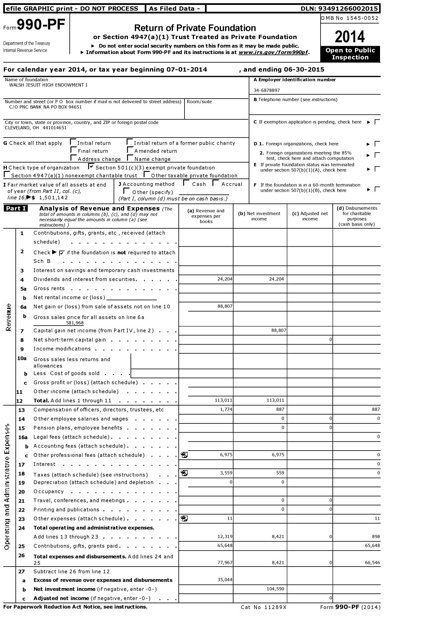 Image of first page of 2014 Form 990PF for Walsh Jesuit High Endowment I