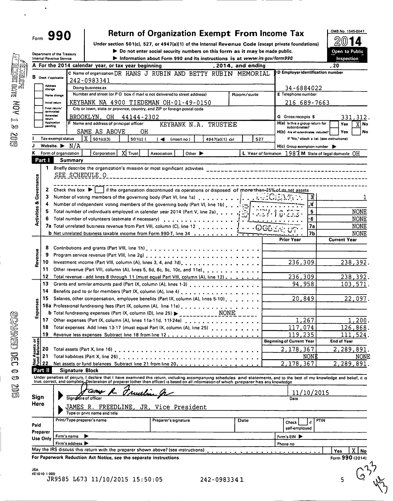 Image of first page of 2014 Form 990 for Dr Hans J Rubin and Betty Rubin Memorial Fund