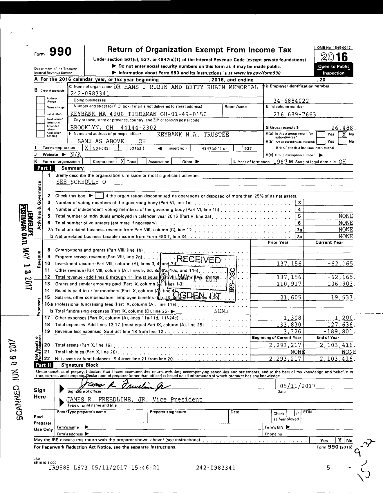 Image of first page of 2016 Form 990 for Dr Hans J Rubin and Betty Rubin Memorial Fund