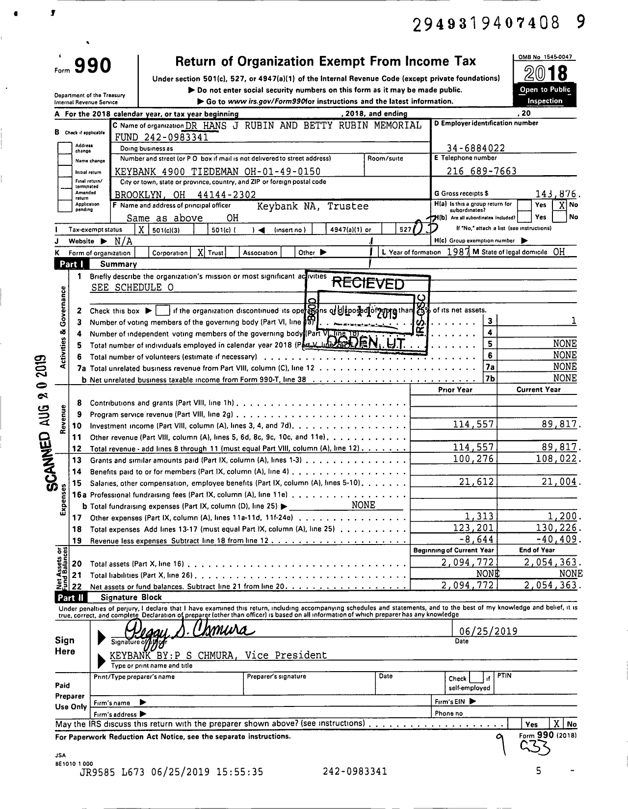 Image of first page of 2018 Form 990 for Dr Hans J Rubin and Betty Rubin Memorial Fund