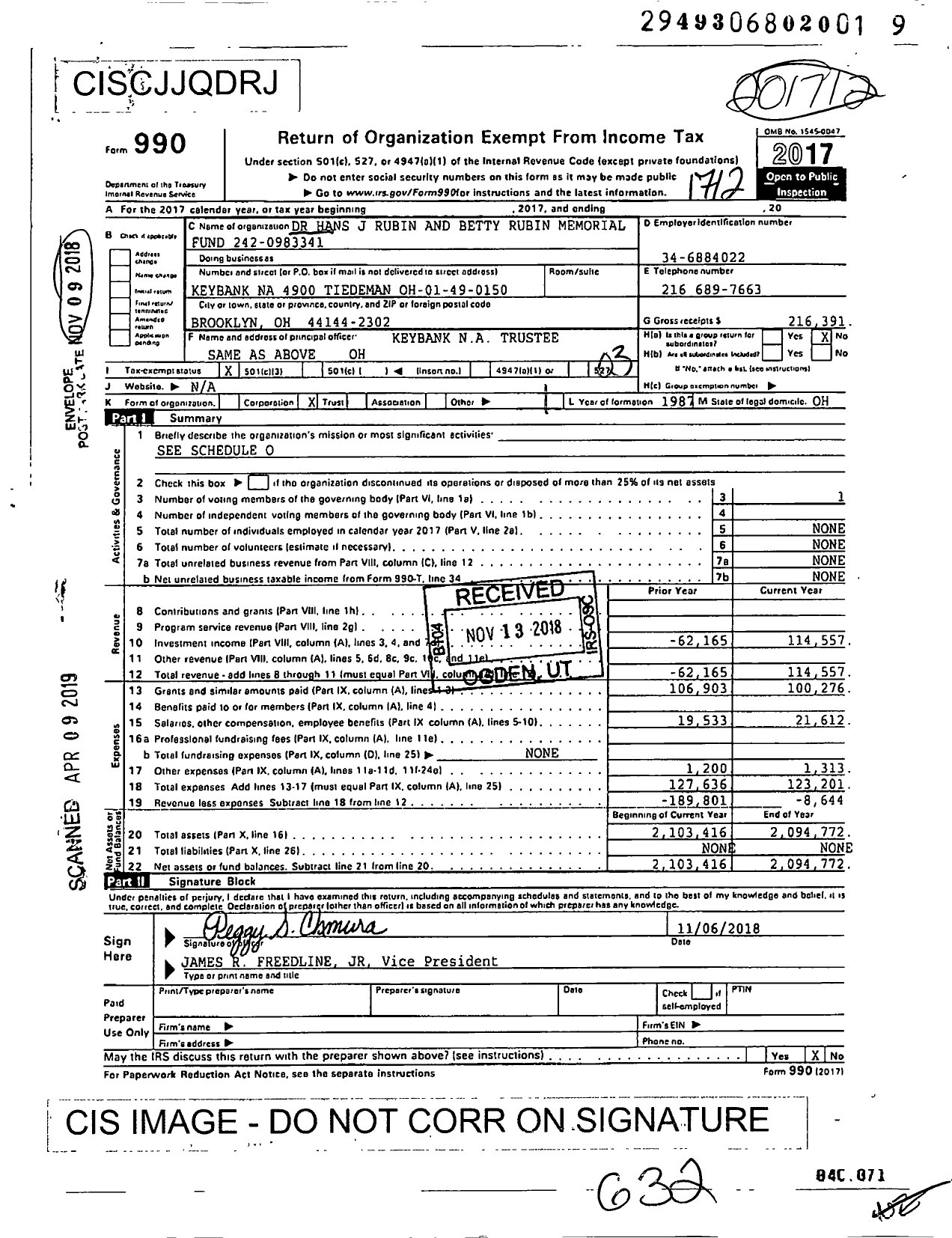 Image of first page of 2017 Form 990 for Dr Hans J Rubin and Betty Rubin Memorial Fund