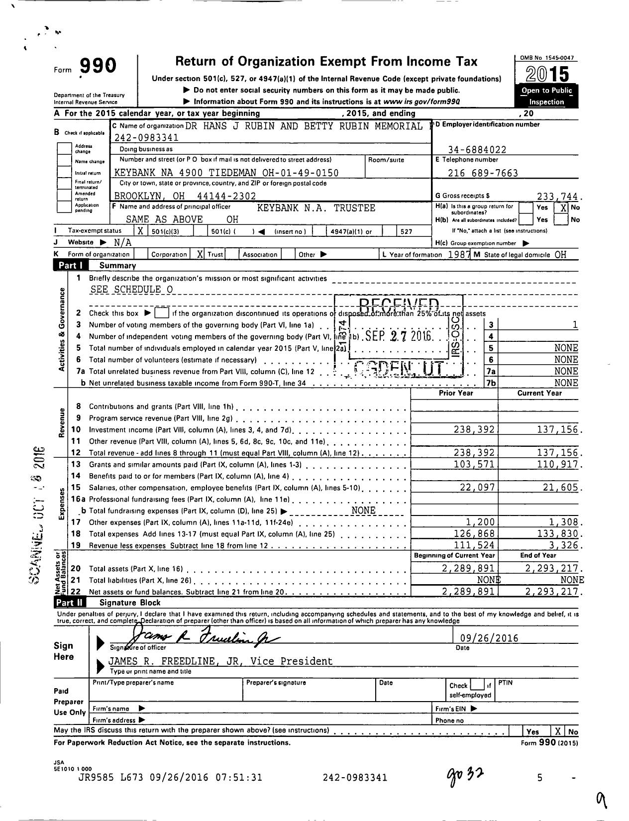 Image of first page of 2015 Form 990 for Dr Hans J Rubin and Betty Rubin Memorial Fund