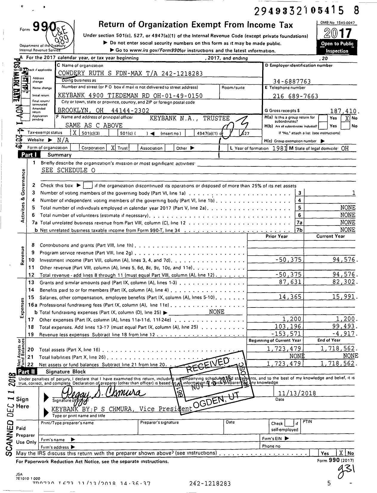 Image of first page of 2017 Form 990 for Cowdery Ruth S Fdn-Max Ta