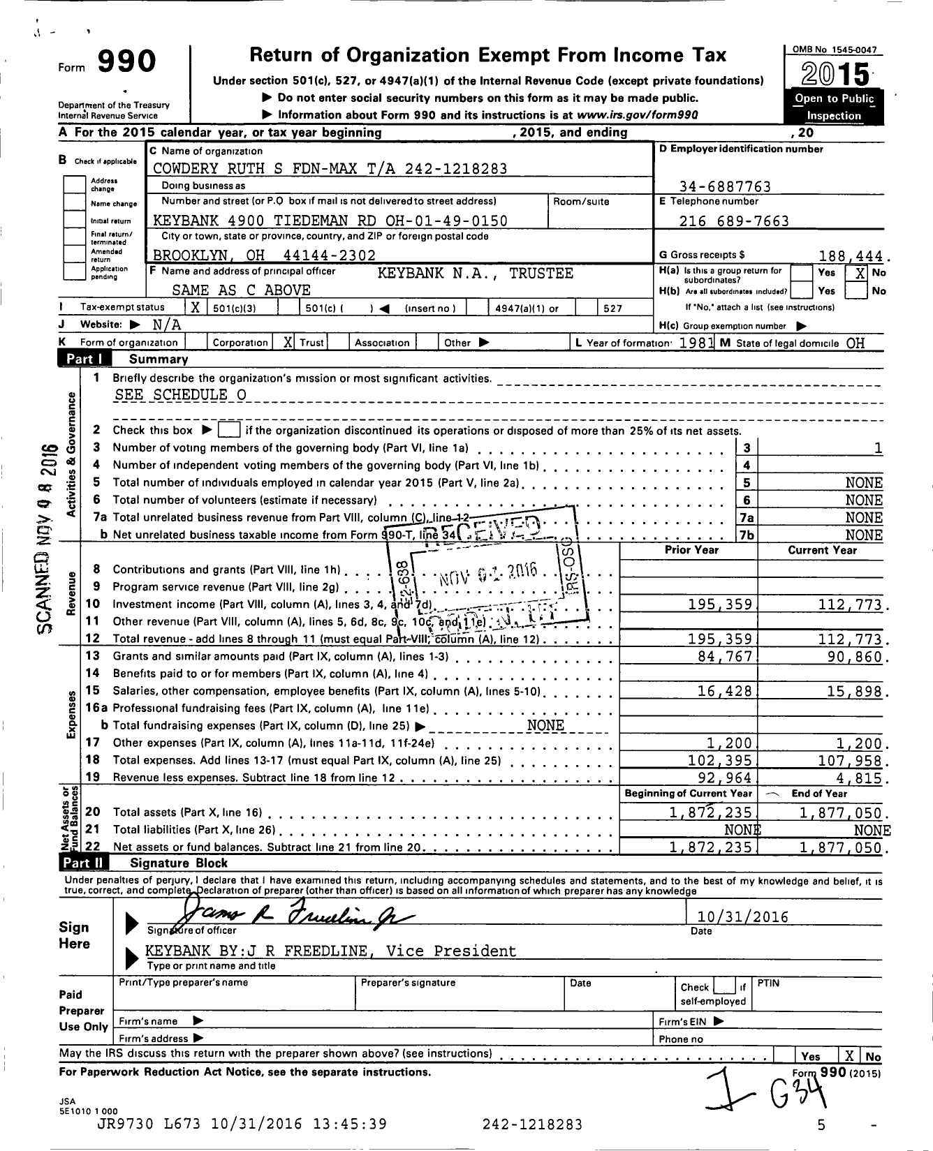 Image of first page of 2015 Form 990 for Cowdery Ruth S Fdn-Max Ta