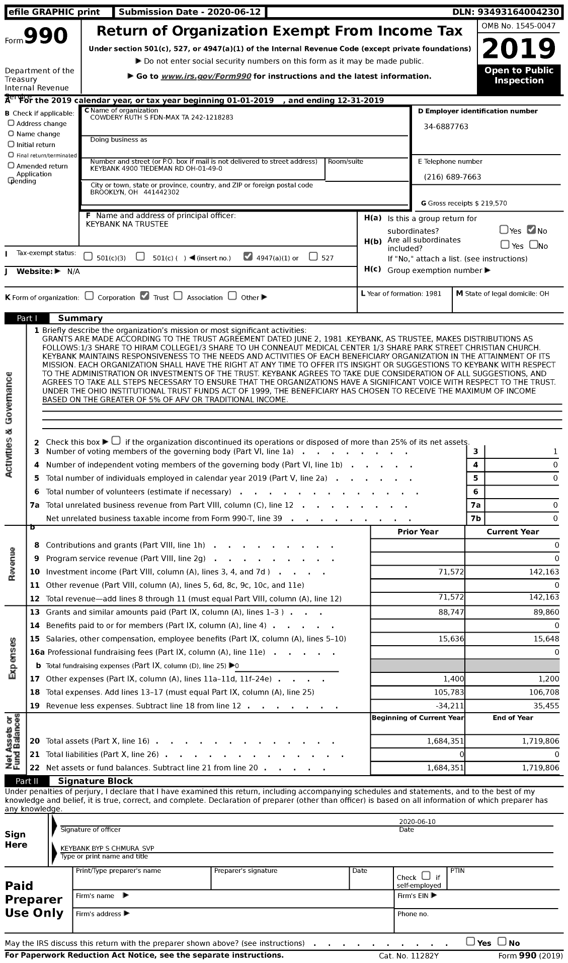 Image of first page of 2019 Form 990 for Cowdery Ruth S Fdn-Max Ta