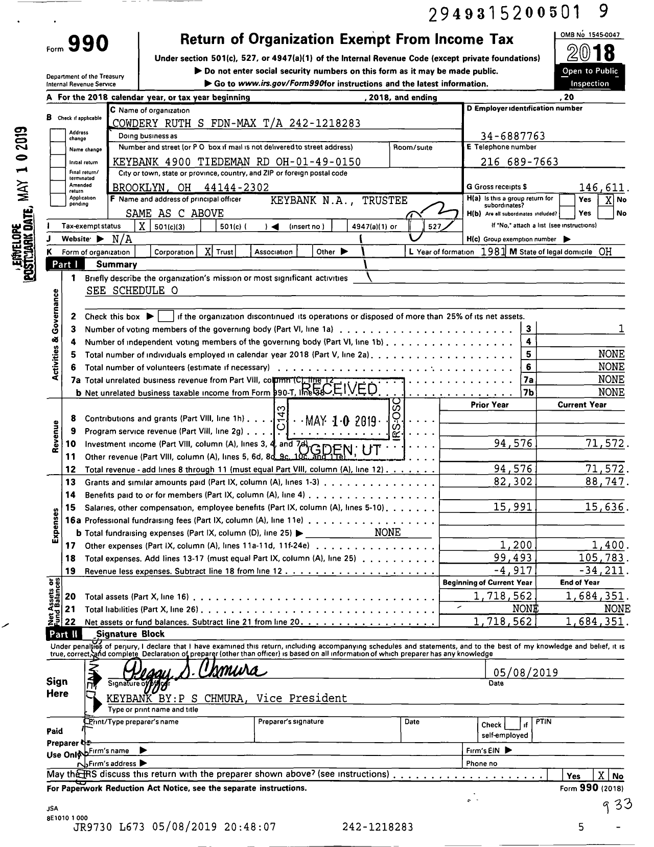 Image of first page of 2018 Form 990 for Cowdery Ruth S Fdn-Max Ta