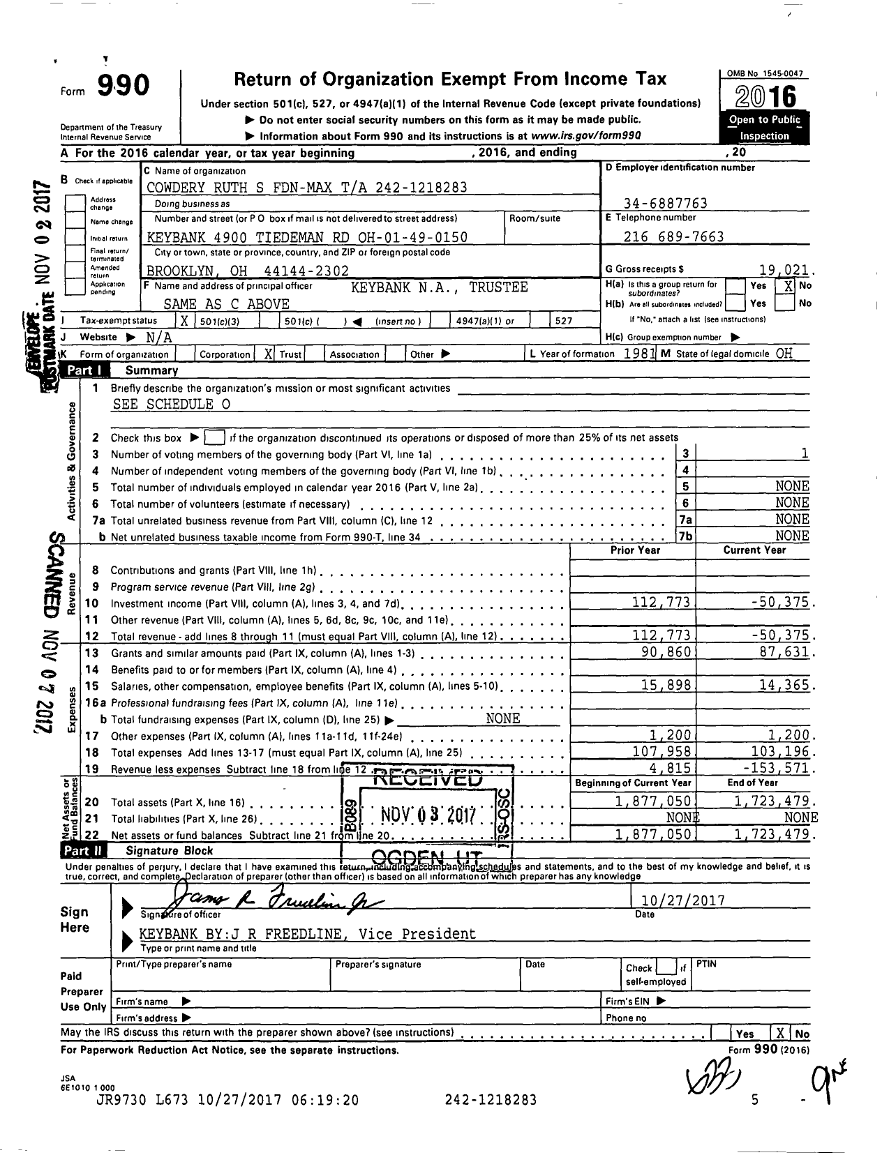 Image of first page of 2016 Form 990 for Cowdery Ruth S Fdn-Max Ta