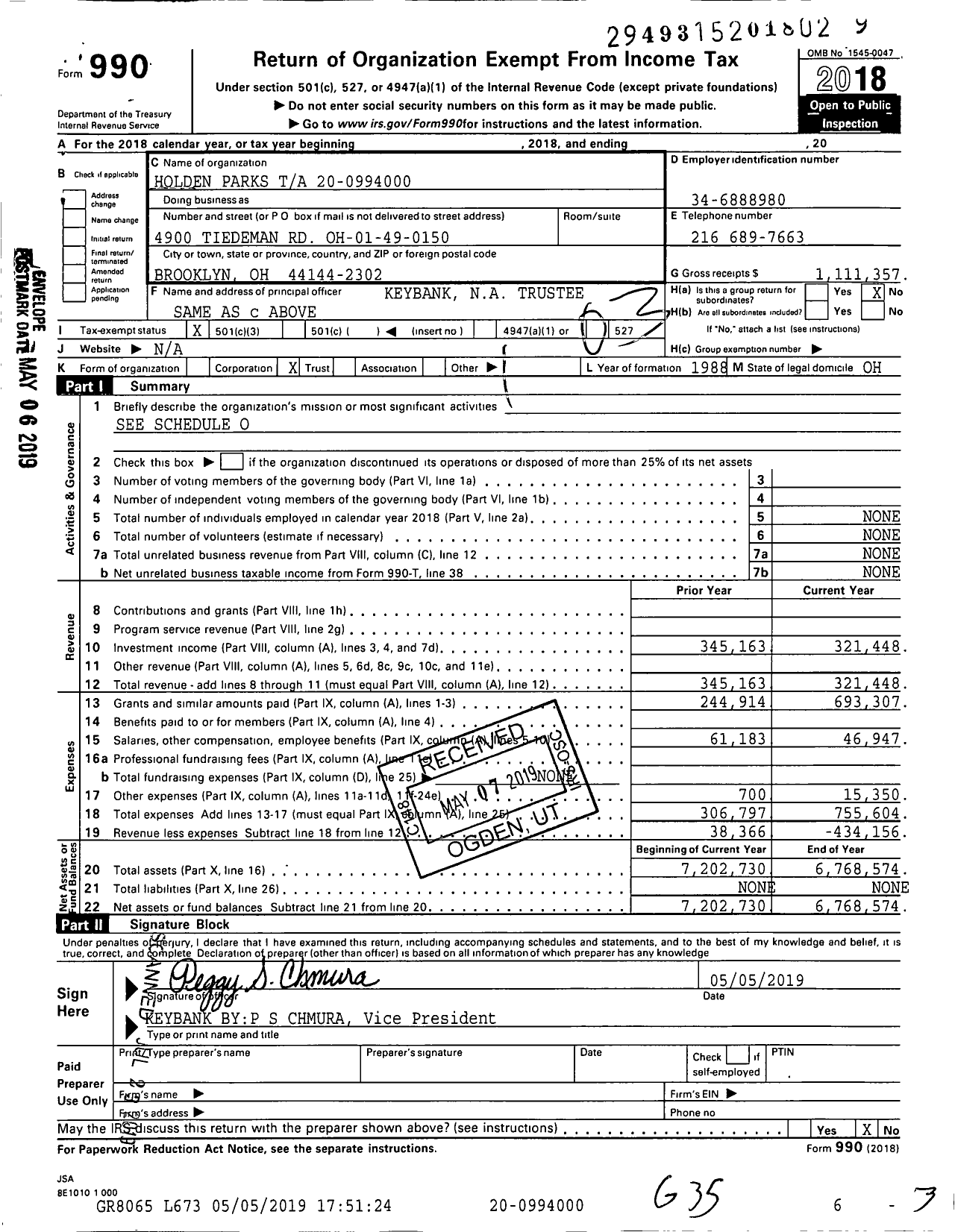 Image of first page of 2018 Form 990 for Holden Parks Ta