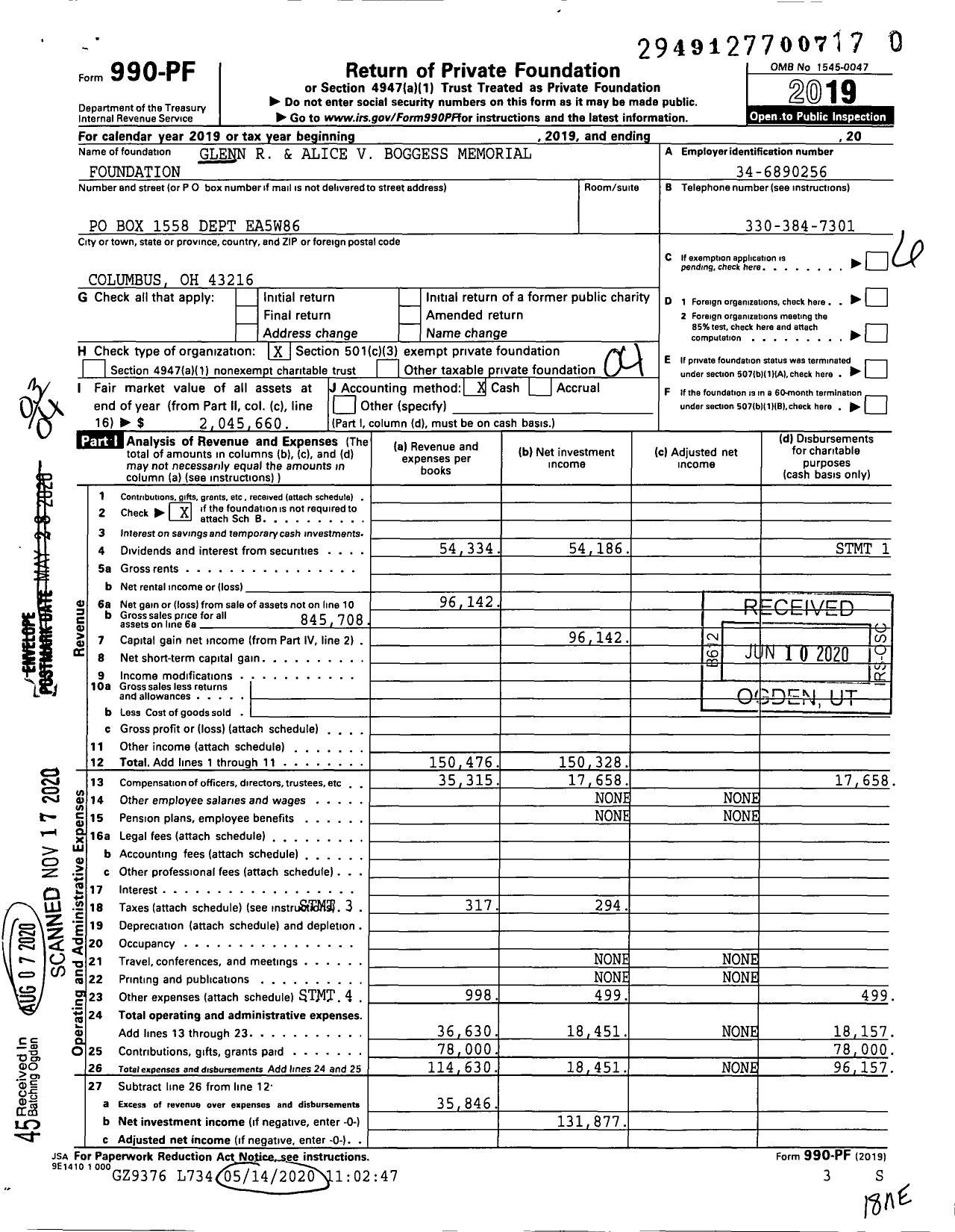 Image of first page of 2019 Form 990PF for Glenn R and Alice V Boggess Memorial