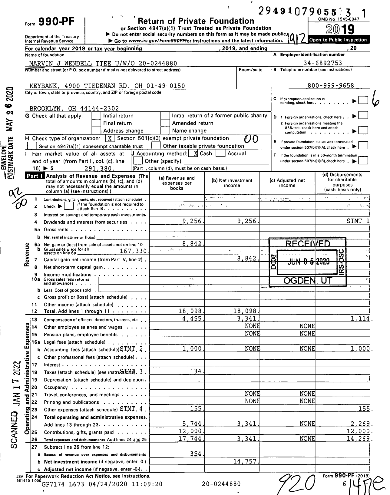 Image of first page of 2019 Form 990PF for Marvin J Wendell Ttee Uwo