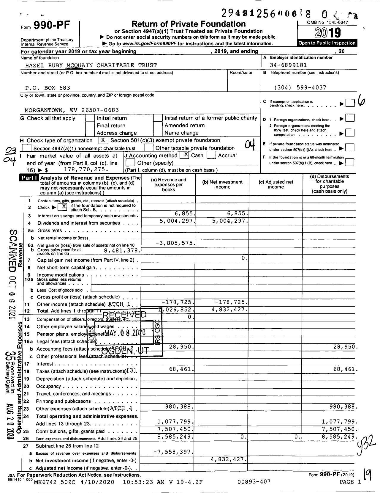 Image of first page of 2019 Form 990PR for Hazel Ruby Mcquain Charitable Trust