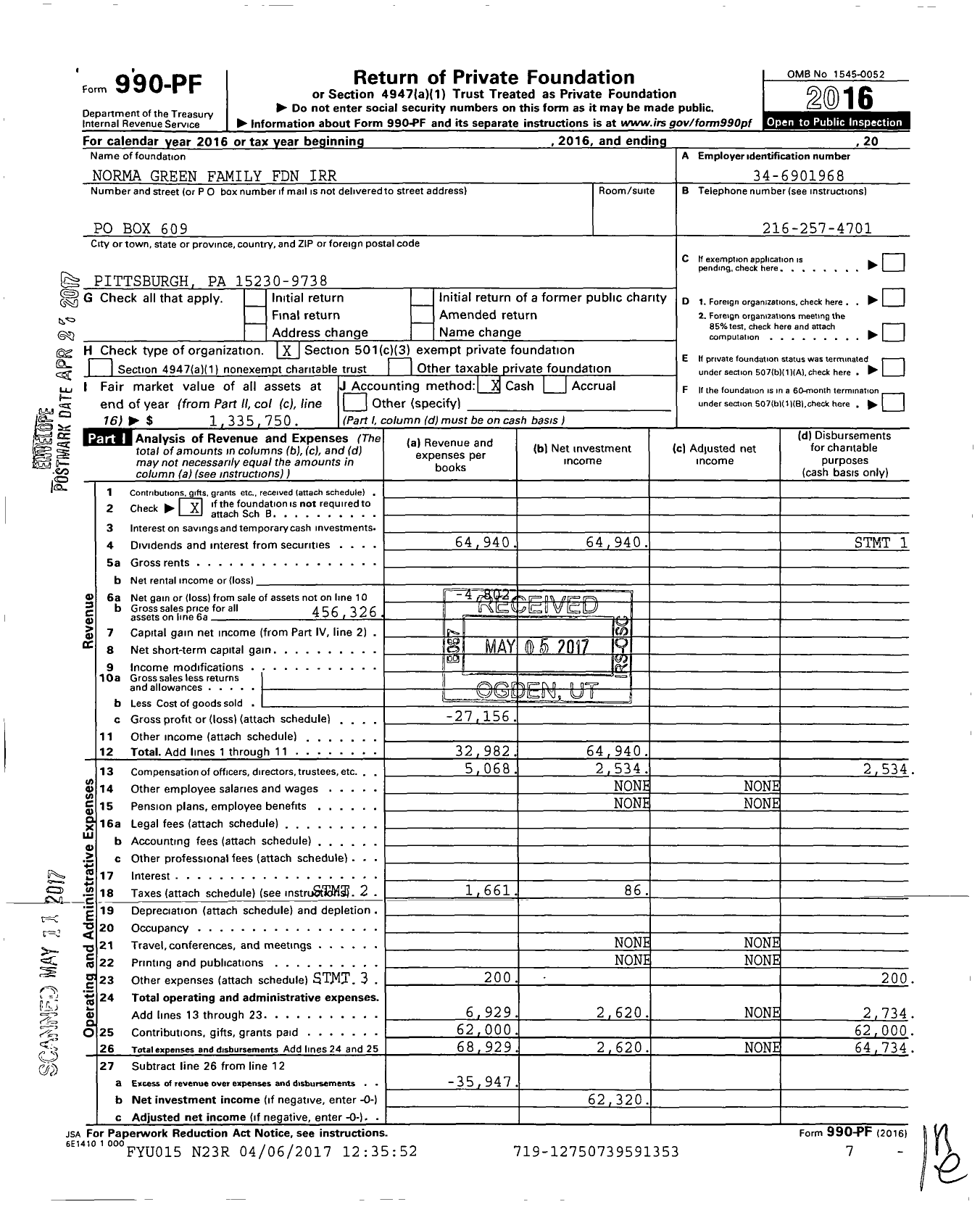 Image of first page of 2016 Form 990PF for Norma Green Family Foundation Irr