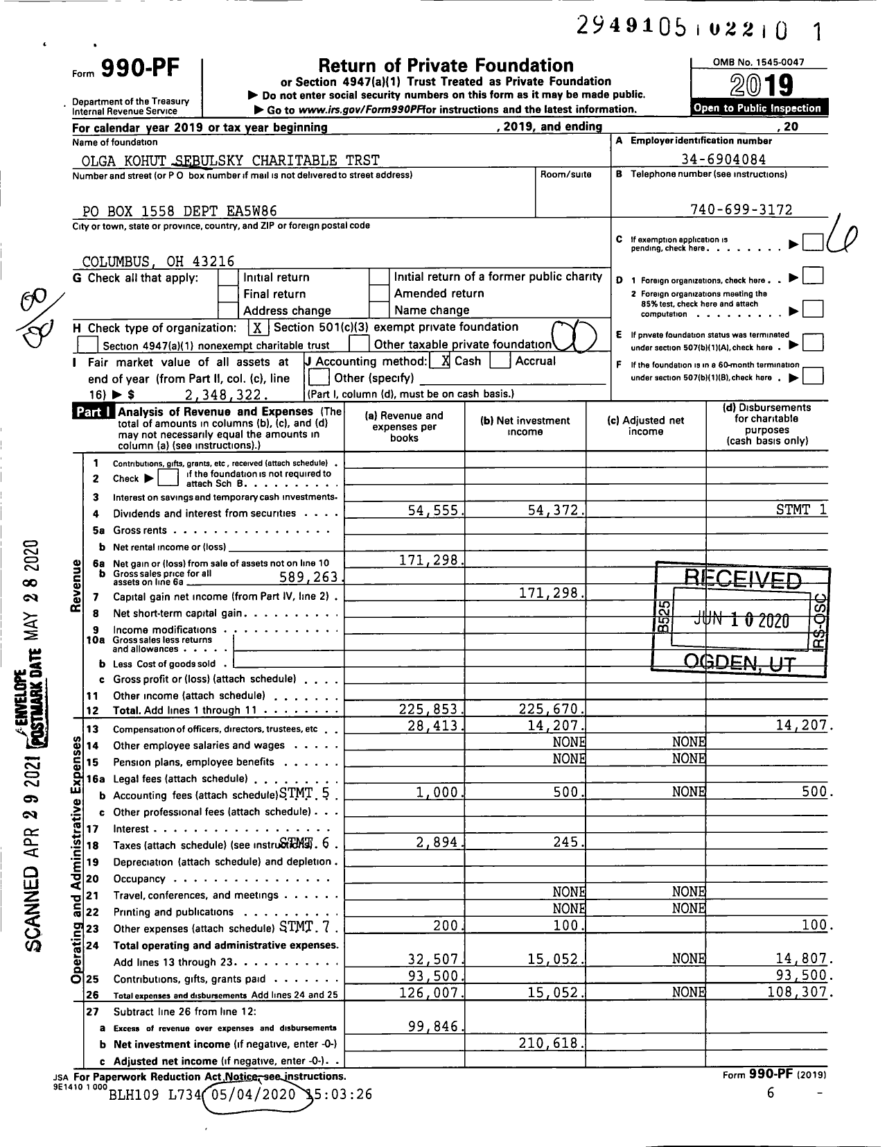 Image of first page of 2019 Form 990PF for Olga Kohut Sebulsky Charitable TRST