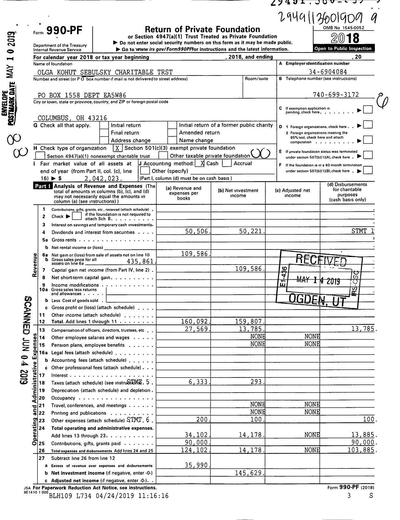 Image of first page of 2018 Form 990PF for Olga Kohut Sebulsky Charitable TRST