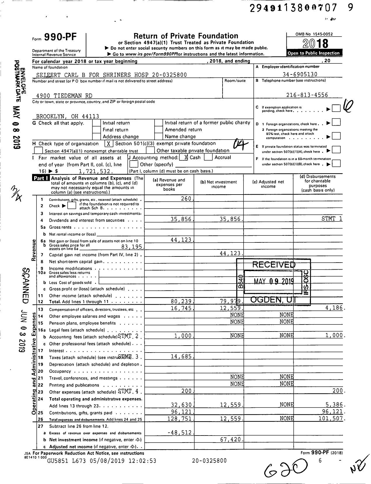 Image of first page of 2018 Form 990PF for Seifert Carl B for Shriners Hospital