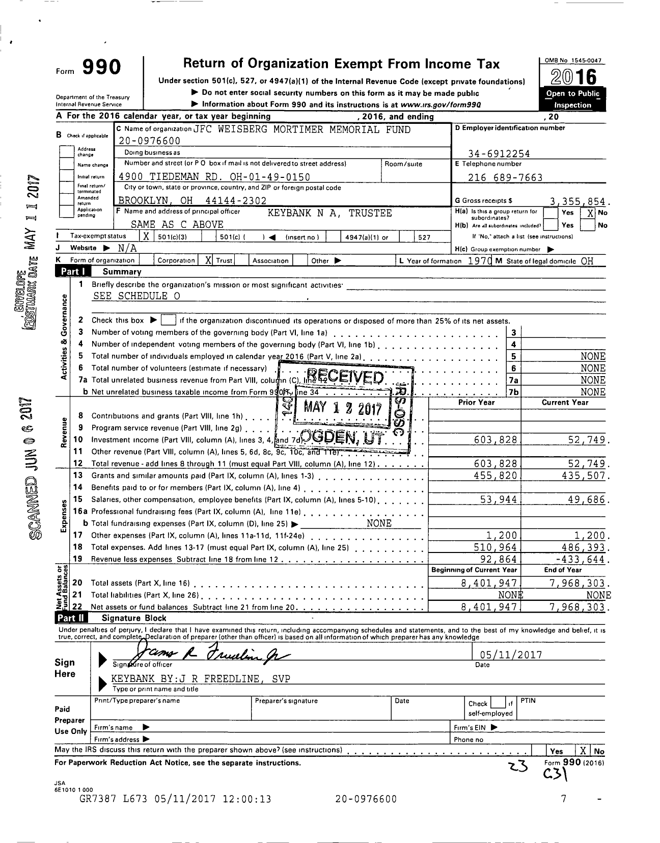 Image of first page of 2016 Form 990 for JFC Weisberg Mortimer Memorial Fund
