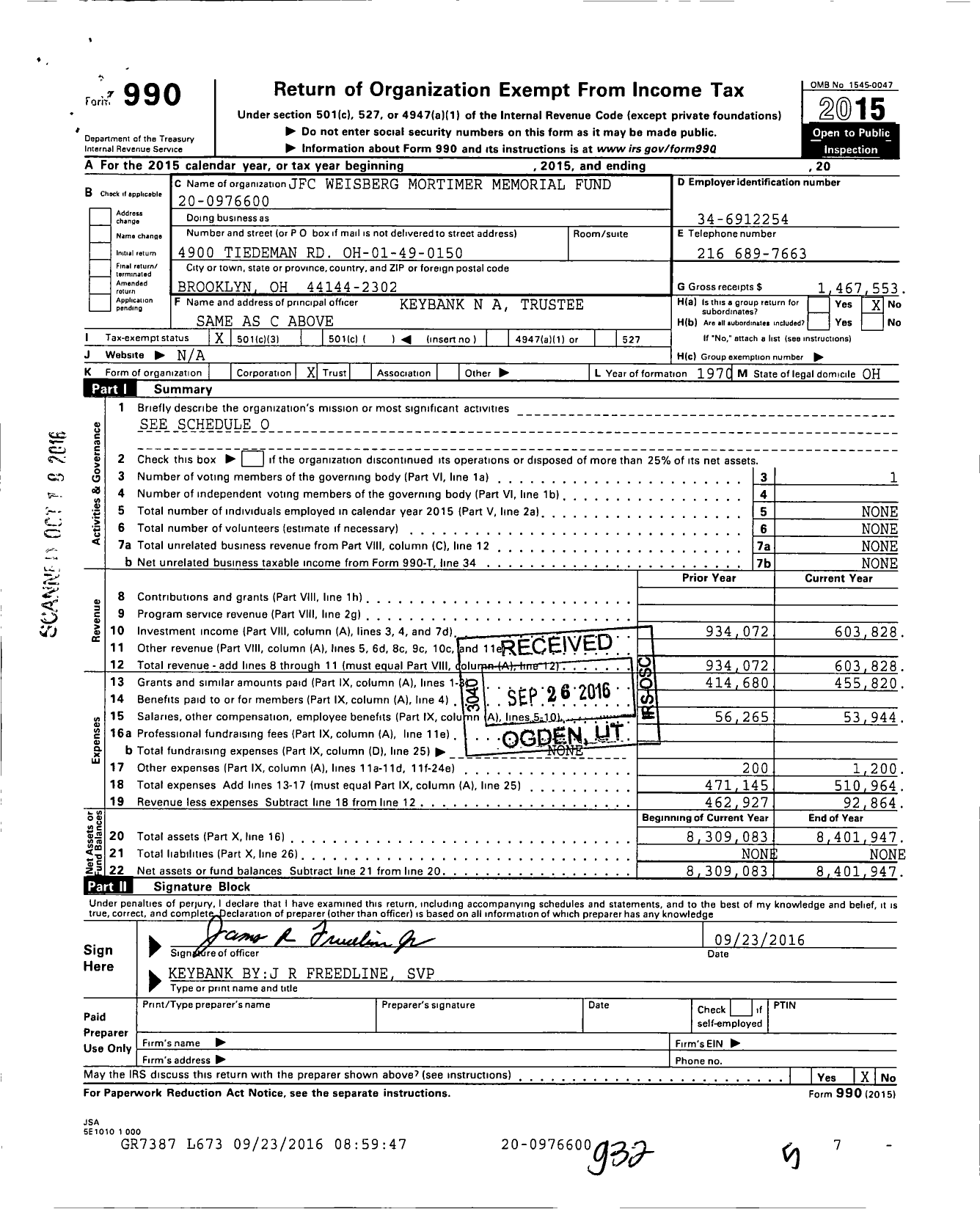 Image of first page of 2015 Form 990 for JFC Weisberg Mortimer Memorial Fund