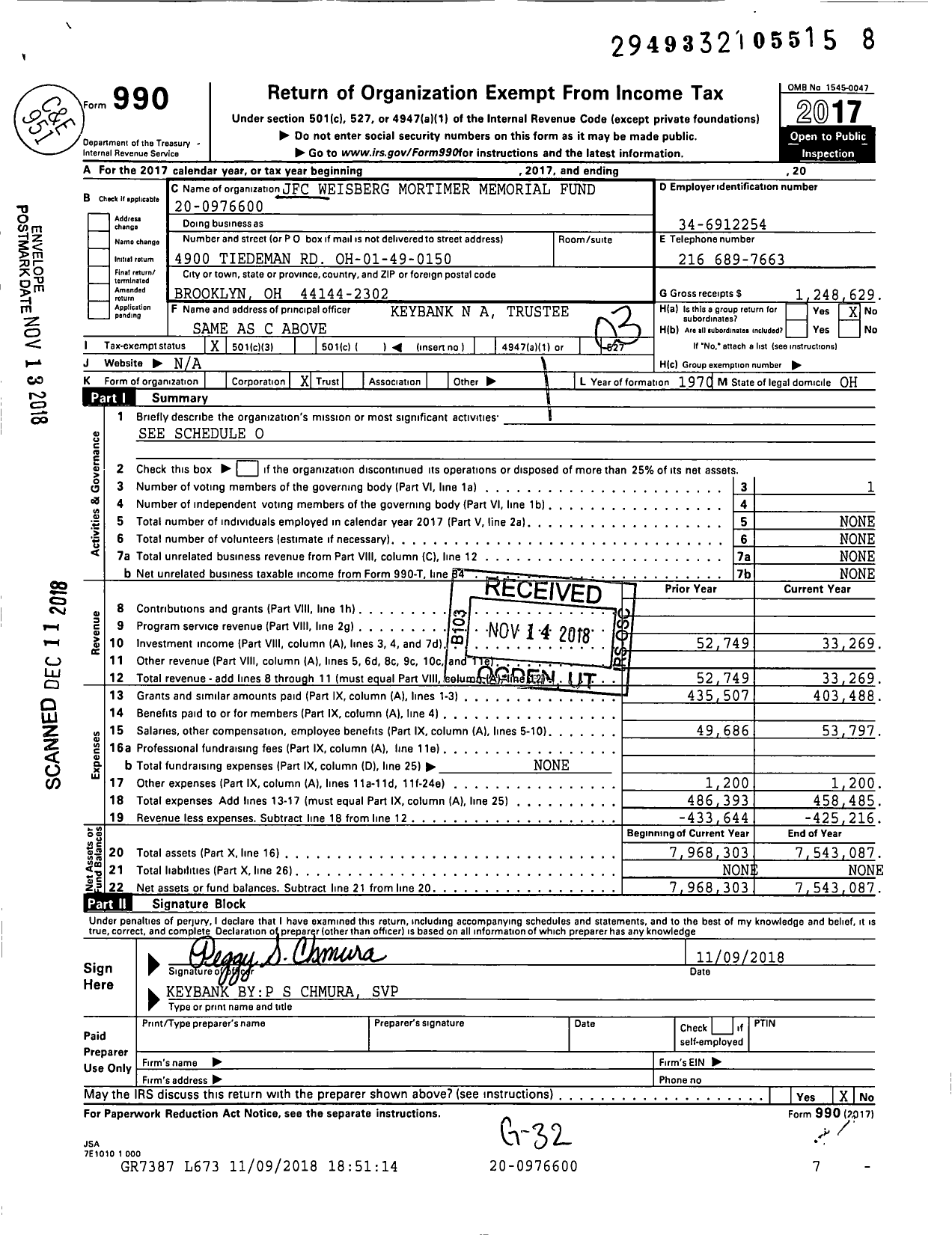Image of first page of 2017 Form 990 for JFC Weisberg Mortimer Memorial Fund