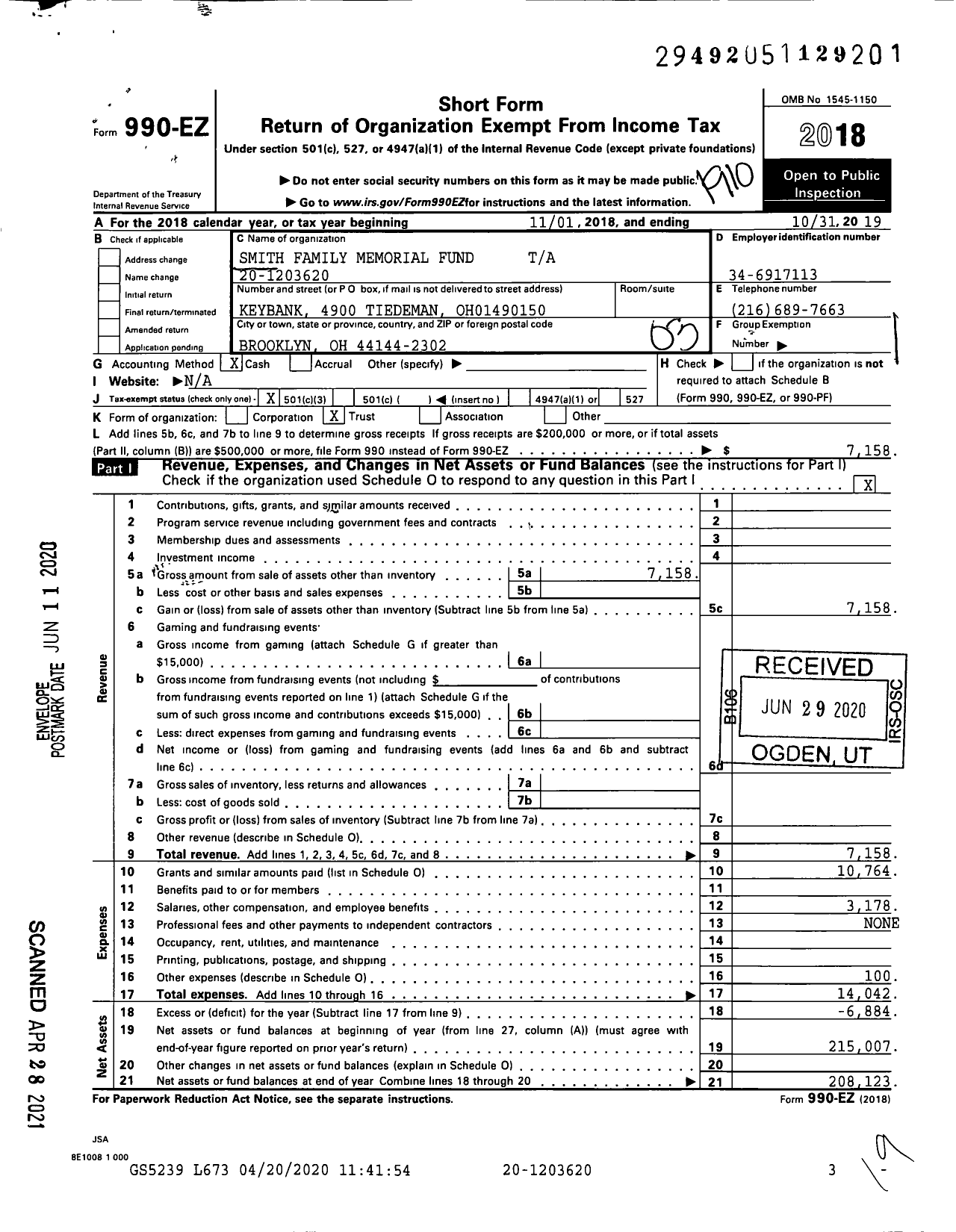 Image of first page of 2018 Form 990EZ for Smith Family Memorial Fund Ta