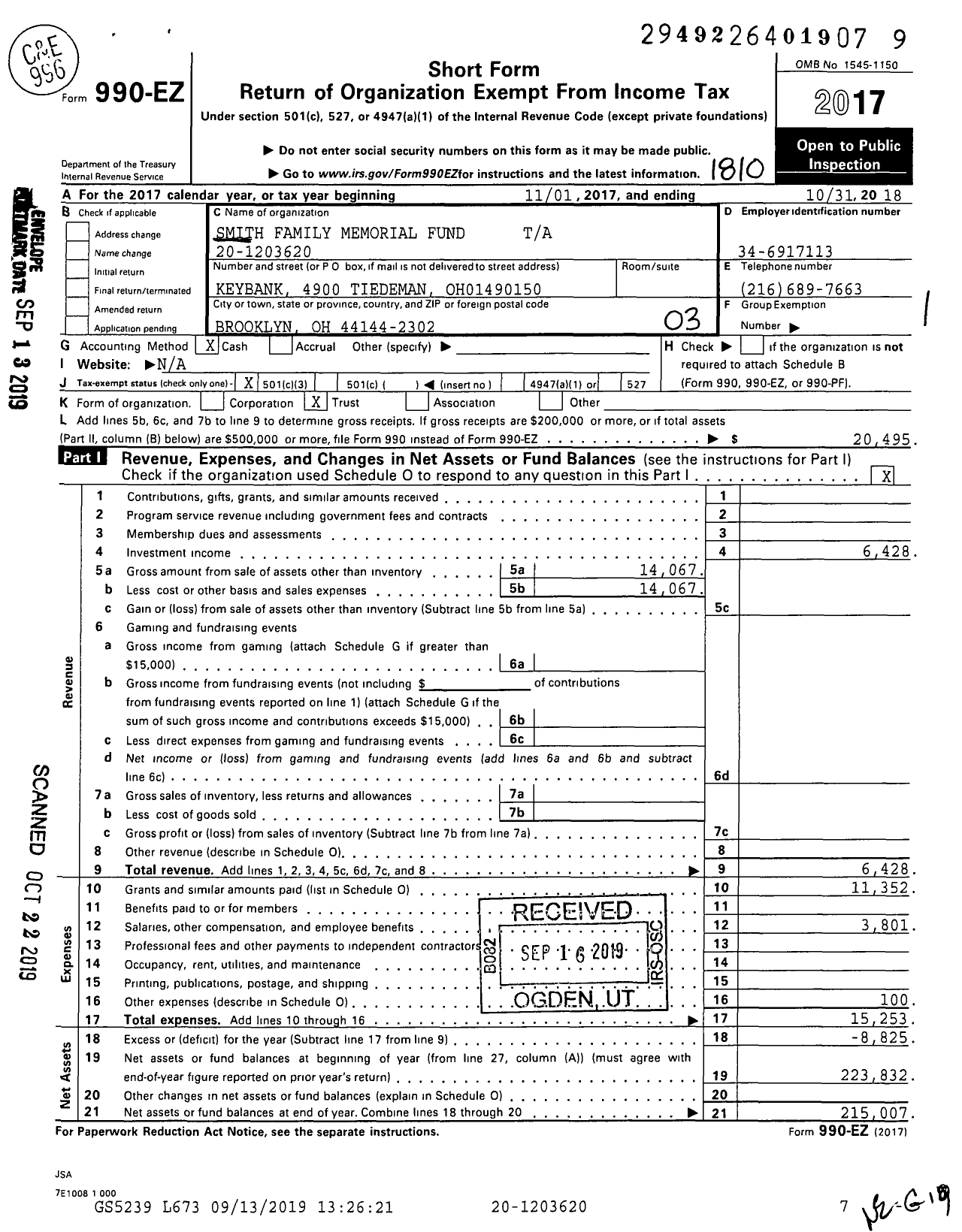 Image of first page of 2017 Form 990EZ for Smith Family Memorial Fund Ta