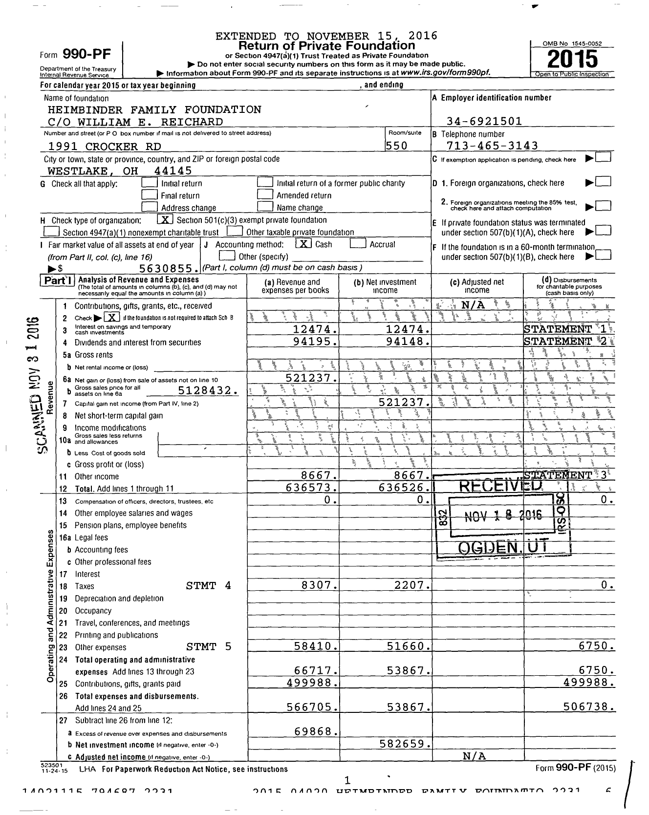 Image of first page of 2015 Form 990PF for Heimbinder Family Foundation