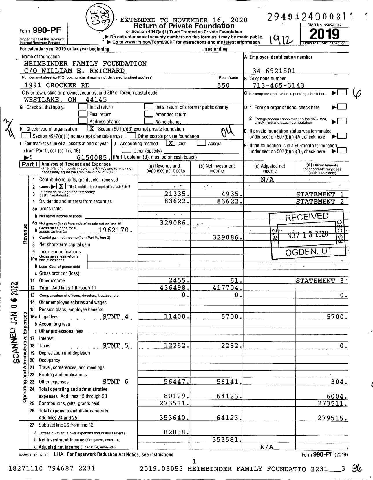 Image of first page of 2019 Form 990PF for Heimbinder Family Foundation