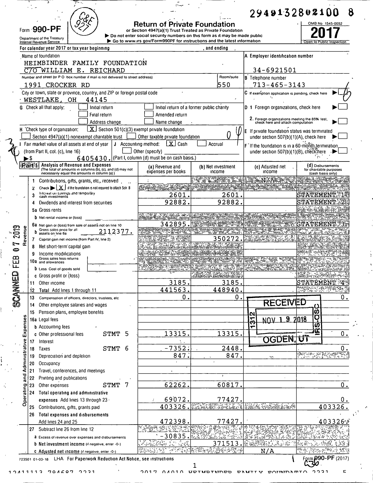 Image of first page of 2017 Form 990PF for Heimbinder Family Foundation