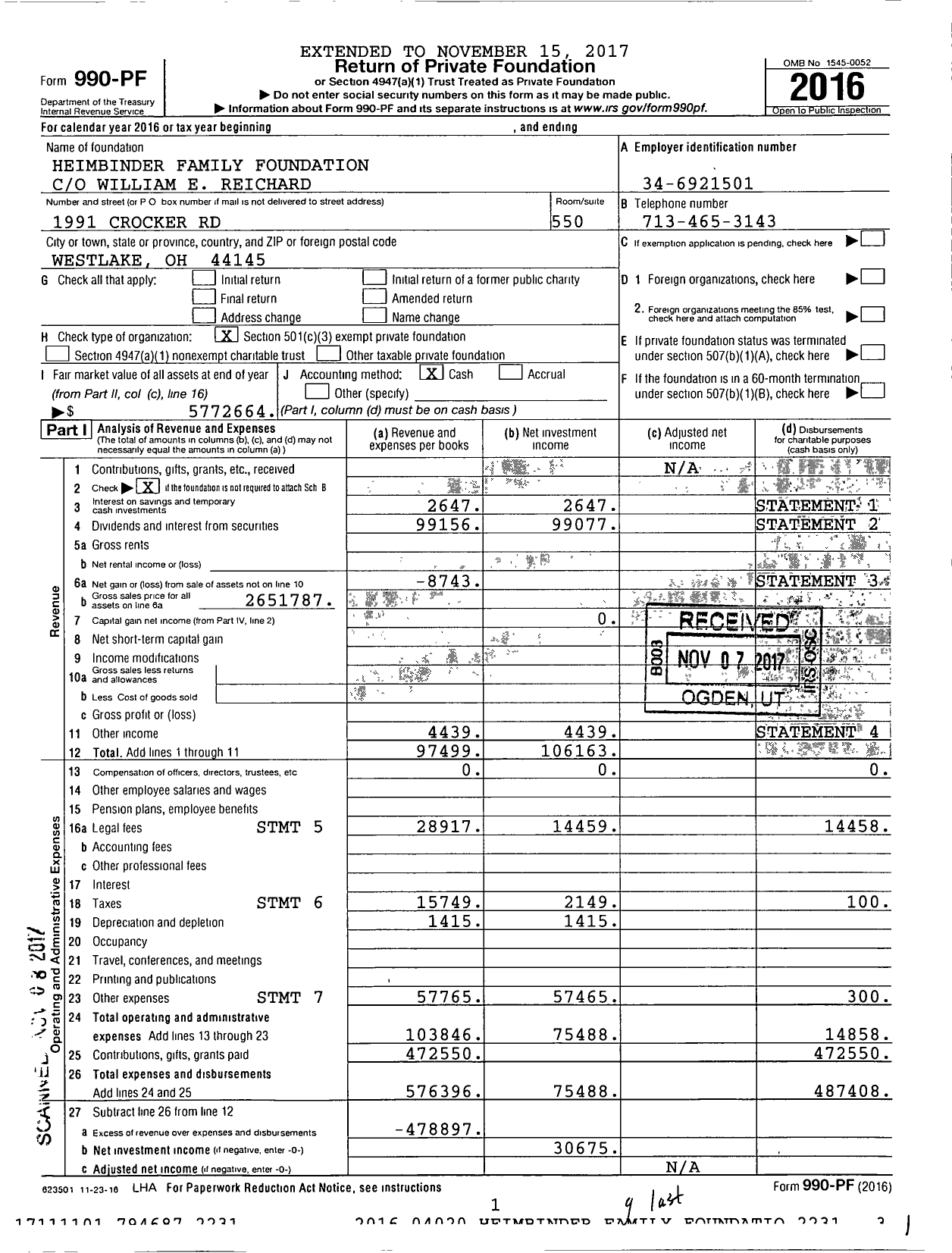 Image of first page of 2016 Form 990PF for Heimbinder Family Foundation