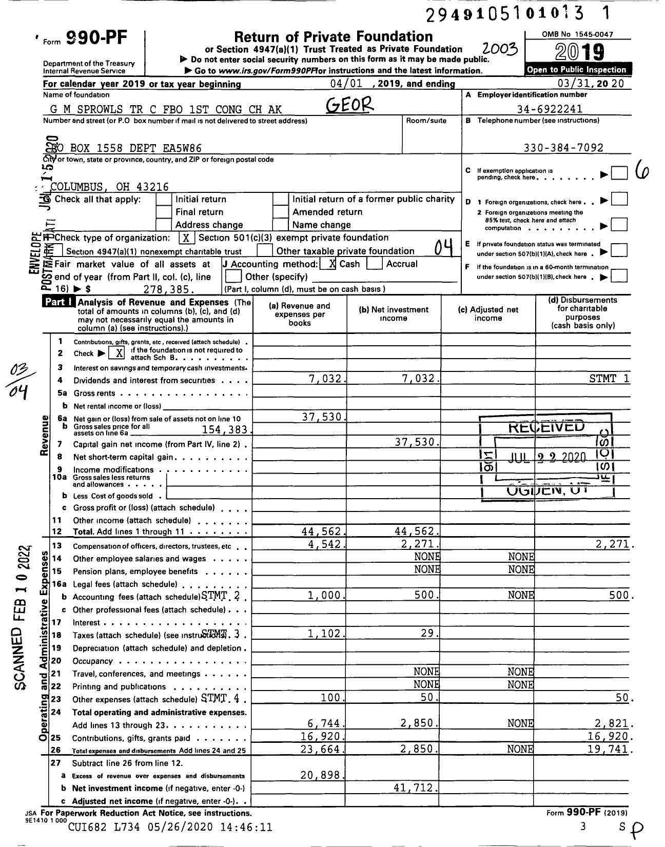 Image of first page of 2019 Form 990PF for G M Sprowls TR C Fbo 1st Cong CH Ak