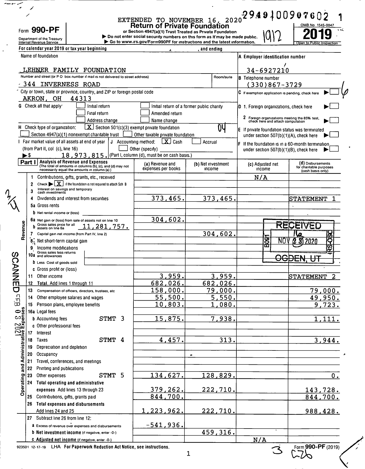 Image of first page of 2019 Form 990PF for Lehner Family Foundation