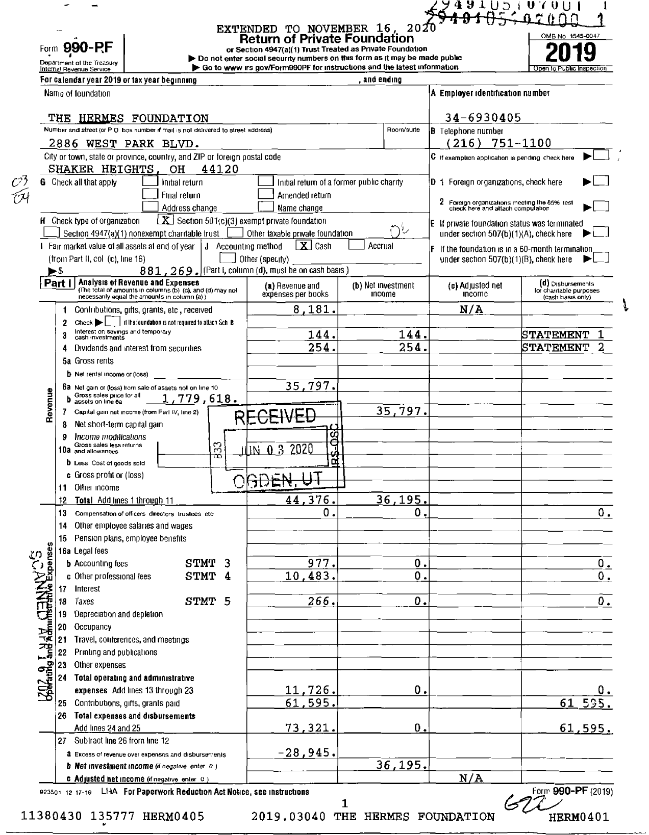 Image of first page of 2019 Form 990PF for The Hermes Foundation