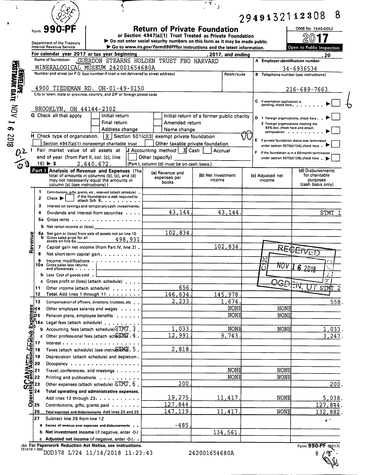 Image of first page of 2017 Form 990PF for Guerdon Stearns Holden Trust Fbo Harvard