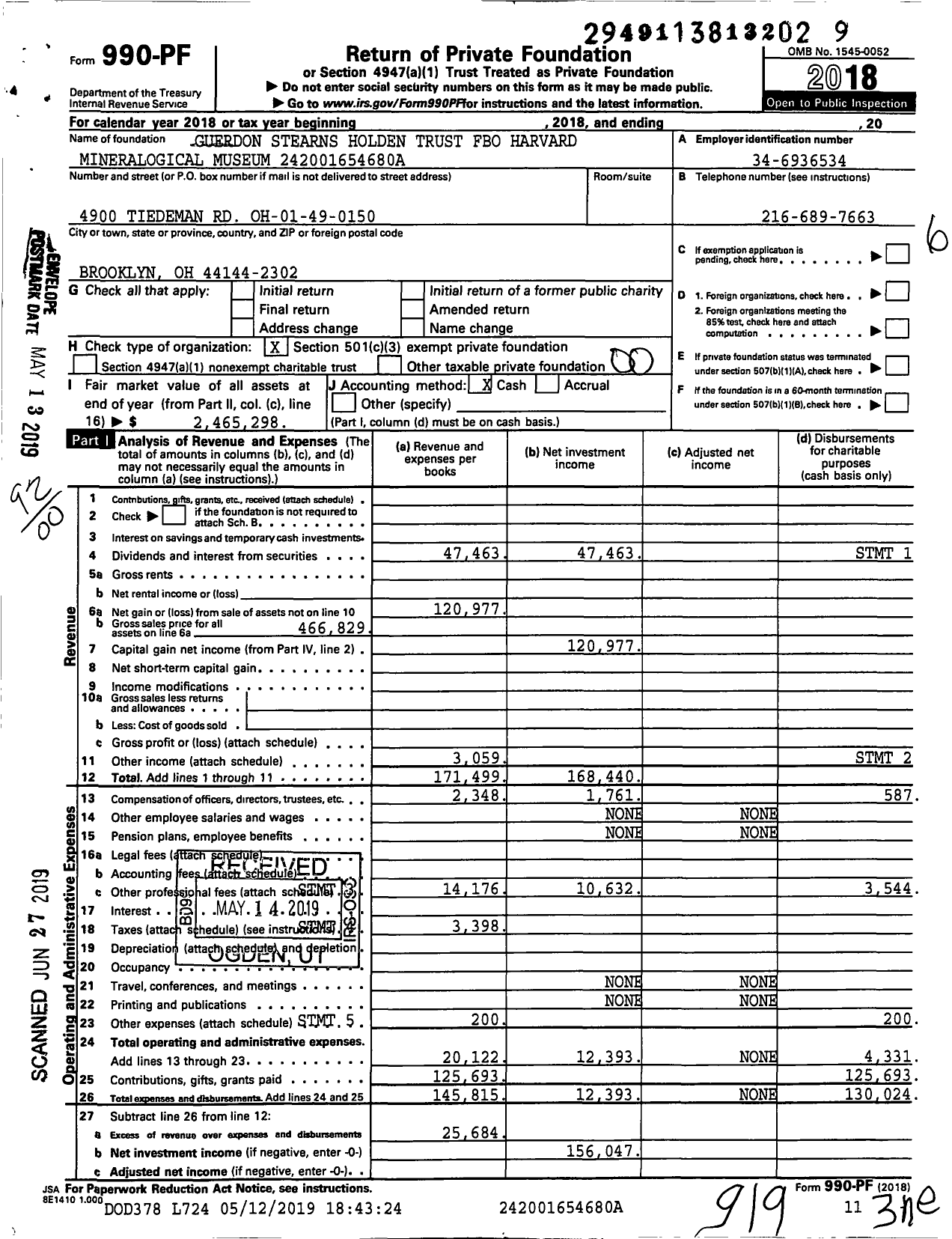 Image of first page of 2018 Form 990PF for Guerdon Stearns Holden Trust Fbo Harvard